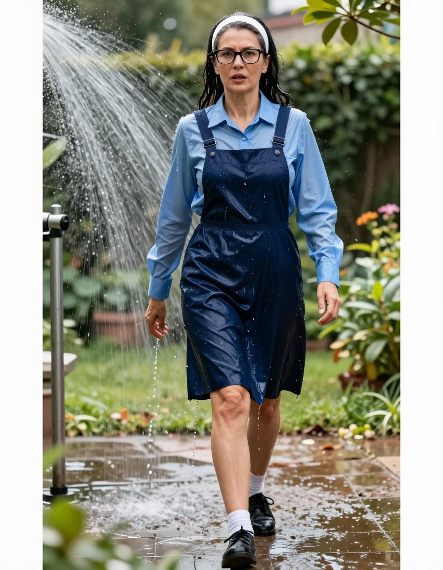 photo of young woman, in soaking wet, drenched clothes,
black shoes, white socks, blue school pinafore over a blue long-sleeved shirt, blue school pinafore over a blue long-sleeved shirt, walking after bath in sunny garden under sprinklers, enjoying wet clothes stuck body, enjoying, wet clothes stuck to body, 
enjoying, wet clothes stuck to body,
detailed textures of the wet clothes, wet face, wet plastered hair,
wet, drenched, professional, high-quality details, full body view.
sharp focus, ultra-high pixel detail, realistic, high-quality, full colors, incredibly detailed, 4k, 8k, 16k, hyper-realistic, RAW photo, masterpiece, ultra-detailed, professionally color graded, professional photograph, europen brunette skinny woman 50 years old, long dark black hair, very big and thick lips,  office glasses, white headband, complete body, wet skin, wet clothes, damp fabric, wet skin, wet clothes, damp fabric, wet skin, wet clothes, damp fabric, wet skin, wet clothes, damp fabric, wet skin, wet clothes, damp fabric, wet skin, wet clothes, damp fabric, wet skin, wet clothes, damp fabric