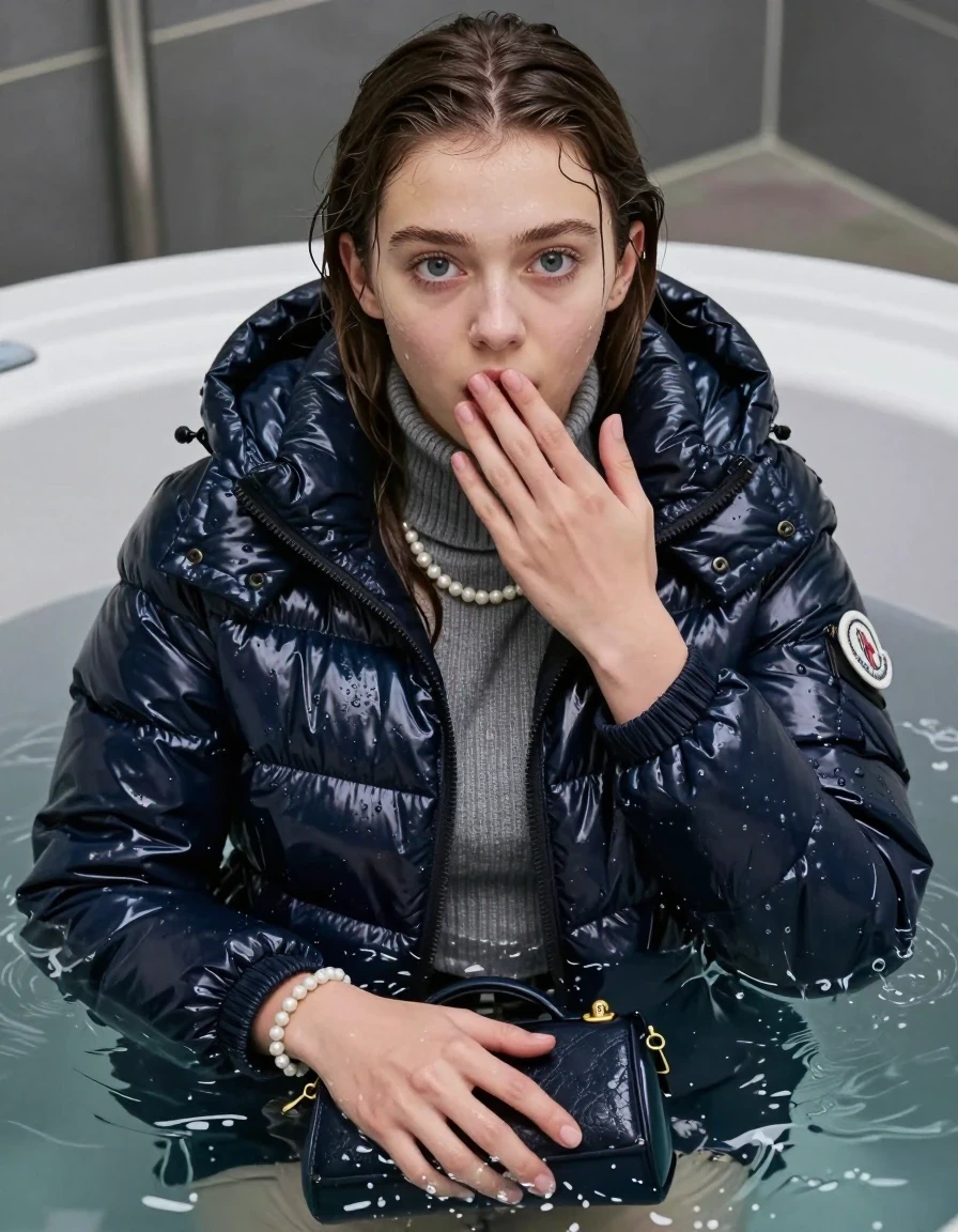 photo of young woman, in soaking wet, drenched clothes,
, , moncler shiny puffer down jacket, Tight knit turtleneck sweater belly free, handbag, pearl necklace, bracelet, wristwatch, soaking wet in hot tube, 
enjoying, wet clothes stuck to body,
detailed textures of the wet clothes, wet face, wet plastered hair,
wet, drenched, professional, high-quality details, full body view.
sharp focus, ultra-high pixel detail, realistic, high-quality, full colors, incredibly detailed, 4k, 8k, 16k, hyper-realistic, RAW photo, masterpiece, ultra-detailed, professionally color graded, professional photograph, sleek long straight hair

19 years old  teenage girl

Only head and shoulders are over the surface visible. Open mouth, big eyes. Looking at camera. Hold her hand on her mouth.

The girls wear different clothes.

shocked and astonished expression. 

her submerged clothes are hardly vusible under water, she soaked her handbag into the water

her clothing is soaking wet and clinging tightly to her skin, showing heavy wet folds, darkened fabric texture, and deep water-saturated Patches, her clothes are heavy from the water, water runs from her body and her clothes in streams. A lot of water also runs out of her clothes. Her clothes are darkened by the water. Her submerged clothes are good visible under the water.  she soaked her handbag into the water.

close up view, wet skin, wet clothes, wet hair, damp fabric, water runs down the clothes, wet skin, wet clothes, damp fabric. cinematic medium shot, hyper-realistic wetness, high-contrast water sheen, sharp focus, 16k resolution, professional photography, realistic water physics., wet skin, wet clothes, damp fabric, wet skin, wet clothes, damp fabric, wet skin, wet clothes, damp fabric