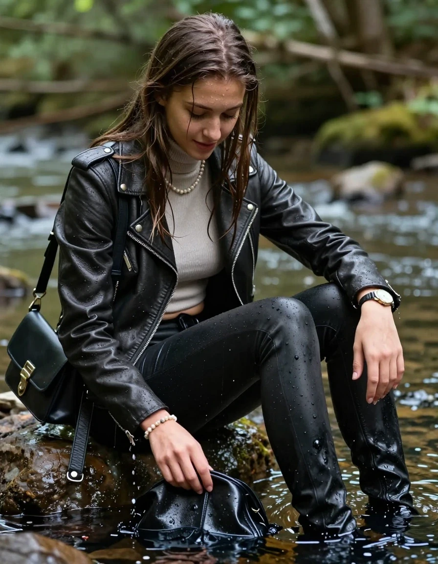 photo of young woman, in soaking wet, drenched clothes,
, , biker leatherjacket, Tight knit turtleneck sweater belly free, shoulderbag, pearl necklace, bracelet, wristwatch, sitting together on a wet rock in the middle of a forest river, 
enjoying, wet clothes stuck to body,
detailed textures of the wet clothes, wet face, wet plastered hair,
wet, drenched, professional, high-quality details, full body view.
sharp focus, ultra-high pixel detail, realistic, high-quality, full colors, incredibly detailed, 4k, 8k, 16k, hyper-realistic, RAW photo, masterpiece, ultra-detailed, professionally color graded, professional photograph, sleek long straight hair

15 years old  teenage girl, shy and awkward, but she giggles anyway.


The girls wear different clothes.

her submerged clothes are hardly vusible under water, she soaked her handbag into the water

her clothing is soaking wet and clinging tightly to her skin, showing heavy wet folds, darkened fabric texture, and deep water-saturated Patches, her clothes are heavy from the water, water runs from her body and her clothes in streams. A lot of water also runs out of her clothes. Her clothes are darkened by the water. Her submerged clothes are good visible under the water.  she soaked her handbag into the water.

close up view, wet skin, wet clothes, wet hair, damp fabric, water runs down the clothes, wet skin, wet clothes, damp fabric. cinematic medium shot, hyper-realistic wetness, high-contrast water sheen, sharp focus, 16k resolution, professional photography, realistic water physics., wet skin, wet clothes, damp fabric, wet skin, wet clothes, damp fabric, wet skin, wet clothes, damp fabric