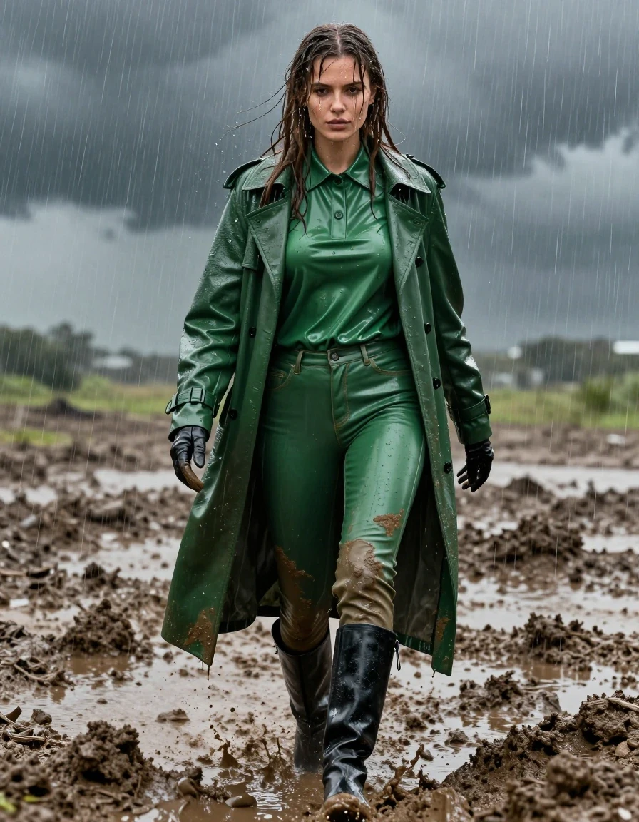 A photorealistic full-body shot of a young adult European woman walking through a deep mud pit during a torrential downpour. She has long, dripping wet brown hair plastered to her face and shoulders, with beads of water running down her glistening, wet skin. She is wearing an oversized, glossy green vinyl polar neck shirt that clings to her frame, layered under a long, heavy green leather trench coat. Her legs are clad in vibrant green leather jeans that are heavily drenched and smeared with mud, featuring deep, saturated tones and high-sheen specular reflections from the rain. She wears black leather knee-high boots and matching leather gloves on both hands. The entire outfit is soaked, heavy with water, and clinging to her body, with visible folds and textures. The environment is a dark, churning mud pit under a heavy, stormy sky, with rain splashing off her clothes and the ground. Cinematic lighting highlights the intense wet sheen on the vinyl, leather, and skin, capturing every detail of the damp fabric and mud-splattered texture. High-resolution, sharp focus, 8k, realistic textures, no nudity, fully clothed, modest attire.