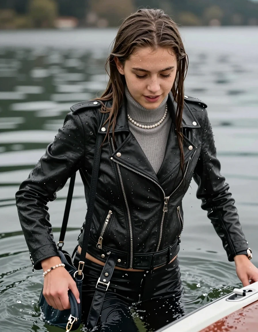 photo of young woman, in soaking wet, drenched clothes,
, , biker leatherjacket, Tight knit turtleneck sweater belly free, shoulderbag, pearl necklace, bracelet, wristwatch, climbing back into a boat out of the lake, 
enjoying, wet clothes stuck to body,
detailed textures of the wet clothes, wet face, wet plastered hair,
wet, drenched, professional, high-quality details, full body view.
sharp focus, ultra-high pixel detail, realistic, high-quality, full colors, incredibly detailed, 4k, 8k, 16k, hyper-realistic, RAW photo, masterpiece, ultra-detailed, professionally color graded, professional photograph, sleek long straight hair

15 years old  teenage girl, shy and awkward, but she giggles anyway.


The girls wear different clothes.

her submerged clothes are hardly vusible under water, she soaked her handbag into the water

her clothing is soaking wet and clinging tightly to her skin, showing heavy wet folds, darkened fabric texture, and deep water-saturated Patches, her clothes are heavy from the water, water runs from her body and her clothes in streams. A lot of water also runs out of her clothes. Her clothes are darkened by the water. Her submerged clothes are good visible under the water.  she soaked her handbag into the water.

close up view, wet skin, wet clothes, wet hair, damp fabric, water runs down the clothes, wet skin, wet clothes, damp fabric. cinematic medium shot, hyper-realistic wetness, high-contrast water sheen, sharp focus, 16k resolution, professional photography, realistic water physics., wet skin, wet clothes, damp fabric, wet skin, wet clothes, damp fabric, wet skin, wet clothes, damp fabric