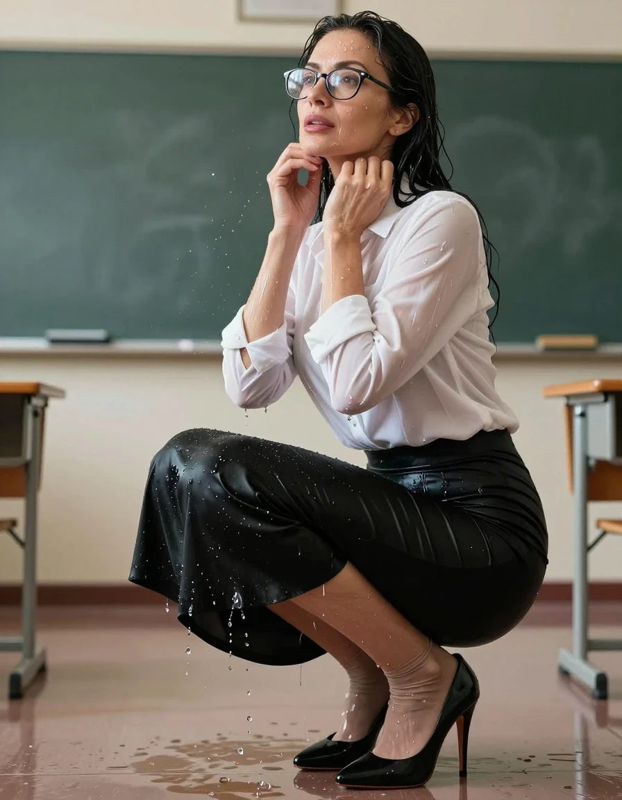 photo of young woman, in soaking wet, drenched clothes,
black high-heels shoes, nylon socks, maxi black tight skirt, white shirt with long sleeves, after shower in classroom, enjoying wet clothes stuck body, enjoying, wet clothes stuck to body, 
enjoying, wet clothes stuck to body,
detailed textures of the wet clothes, wet face, wet plastered hair,
wet, drenched, professional, high-quality details, full body view.
sharp focus, ultra-high pixel detail, realistic, high-quality, full colors, incredibly detailed, 4k, 8k, 16k, hyper-realistic, RAW photo, masterpiece, ultra-detailed, professionally color graded, professional photograph, europen brunette skinny woman 50 years old, long dark black hair, very big and thick lips,  office glasses, complete body, wet skin, wet clothes, damp fabric, wet skin, wet clothes, damp fabric, wet skin, wet clothes, damp fabric, wet skin, wet clothes, damp fabric, wet skin, wet clothes, damp fabric, wet skin, wet clothes, damp fabric, wet skin, wet clothes, damp fabric