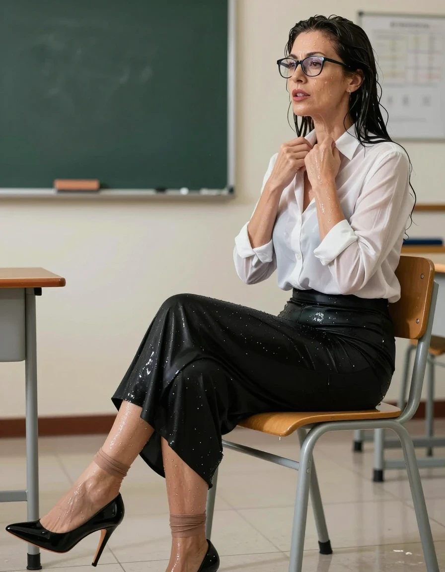 photo of young woman, in soaking wet, drenched clothes,
black high-heels shoes, nylon socks, maxi black tight skirt, white shirt with long sleeves, on the chair after shower in classroom, enjoying wet clothes stuck body, enjoying, wet clothes stuck to body, 
enjoying, wet clothes stuck to body,
detailed textures of the wet clothes, wet face, wet plastered hair,
wet, drenched, professional, high-quality details, full body view.
sharp focus, ultra-high pixel detail, realistic, high-quality, full colors, incredibly detailed, 4k, 8k, 16k, hyper-realistic, RAW photo, masterpiece, ultra-detailed, professionally color graded, professional photograph, europen brunette skinny woman 50 years old, long dark black hair, very big and thick lips,  office glasses, complete body, wet skin, wet clothes, damp fabric, wet skin, wet clothes, damp fabric, wet skin, wet clothes, damp fabric, wet skin, wet clothes, damp fabric, wet skin, wet clothes, damp fabric, wet skin, wet clothes, damp fabric, wet skin, wet clothes, damp fabric