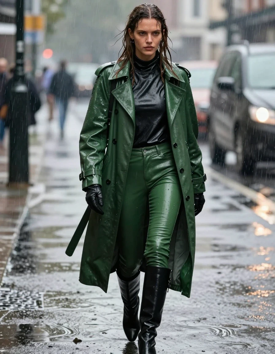 A hyper-realistic full-body shot of a young adult European woman with long, dripping wet brown hair, walking through a torrential downpour. She is wearing an oversize black leather polar neck shirt, layered under a long, heavy green leather trench coat, paired with green leather jeans that cling to her legs, and black leather knee-high boots. She wears black leather gloves on both hands. Her skin is glistening with rainwater, and her leather garments are heavily saturated, showing deep, dark tones, water-slicked surfaces, heavy folds, and intense specular reflections from the rain. The fabric appears weighted and soaked, with water streaming down the surfaces. She is captured in motion walking through a city street in heavy rain, with a cinematic atmosphere, sharp focus on the wet textures, and realistic water sheen on all surfaces. No nudity, no skin exposure beyond face and hands, fully clothed, modest attire.