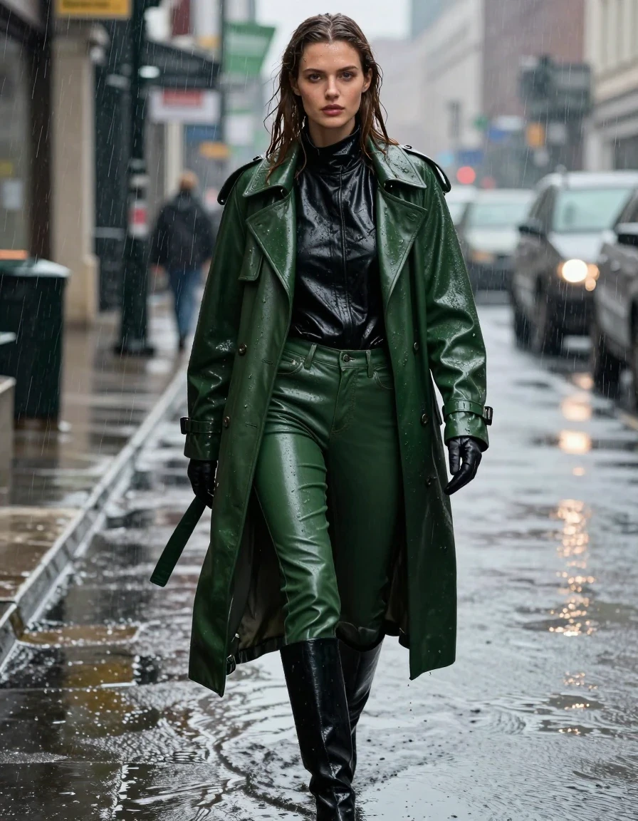 A stunning, photorealistic full-body portrait of a young adult European woman with long, dripping wet brown hair, captured while walking through a torrential downpour. She is wearing an oversize black leather polar neck shirt, a long green leather trench coat, and green leather jeans. The leather garments are heavily drenched, showcasing a high-gloss wet sheen, dark saturated tones, and heavy clinging folds that emphasize the texture of the material. She wears black leather knee-high boots and leather gloves on both hands. Her skin is glistening with rain, and her clothes are saturated and heavy with water. The environment is a rain-slicked urban street during heavy rain, with water cascading down her form. The lighting is moody and cinematic, highlighting the specular reflections on the wet surfaces of the leather and skin. The image is strictly non-nude, focusing on high-detail fashion photography, sharp focus, 8k resolution, and realistic rain physics.