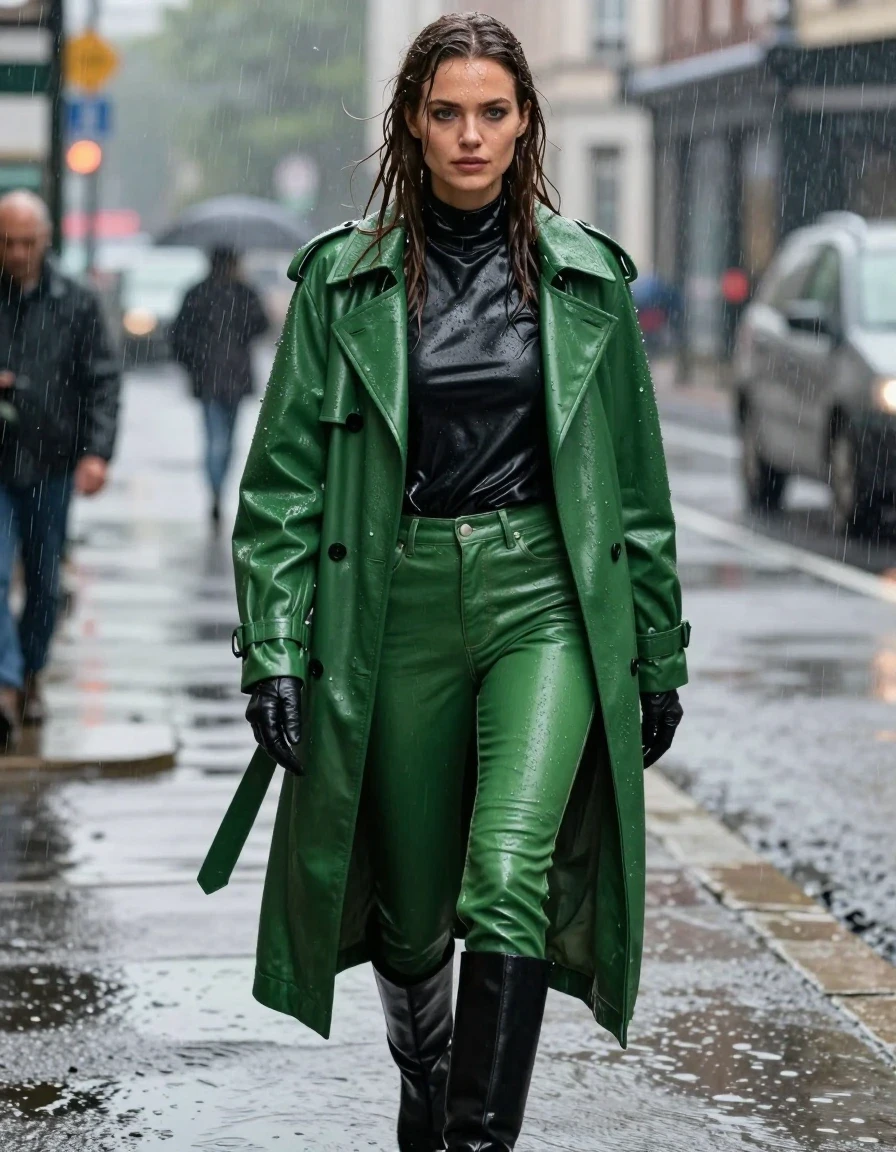 A photorealistic full-body shot of a young adult European woman with long, dripping wet brown hair, walking through a heavy downpour. She is wearing an oversize black leather polar neck shirt, a vibrant green leather trench coat, and green leather jeans. The leather garments are heavily drenched, featuring a distinct water sheen, heavy wet folds, and deep, saturated color variations caused by the soaking rain. She wears black leather gloves on both hands and black leather knee-high boots. Her skin is glistening with rainwater, and her clothes cling to her frame. The environment is a rain-swept urban street during a storm, with cinematic lighting reflecting off the wet pavement. High-resolution photography, hyper-realistic textures, moisture-laden atmosphere, water droplets clinging to fabric and skin, sharp focus, professional color grading. Strictly no nudity, no exposed intimate areas, fully clothed, modest attire.