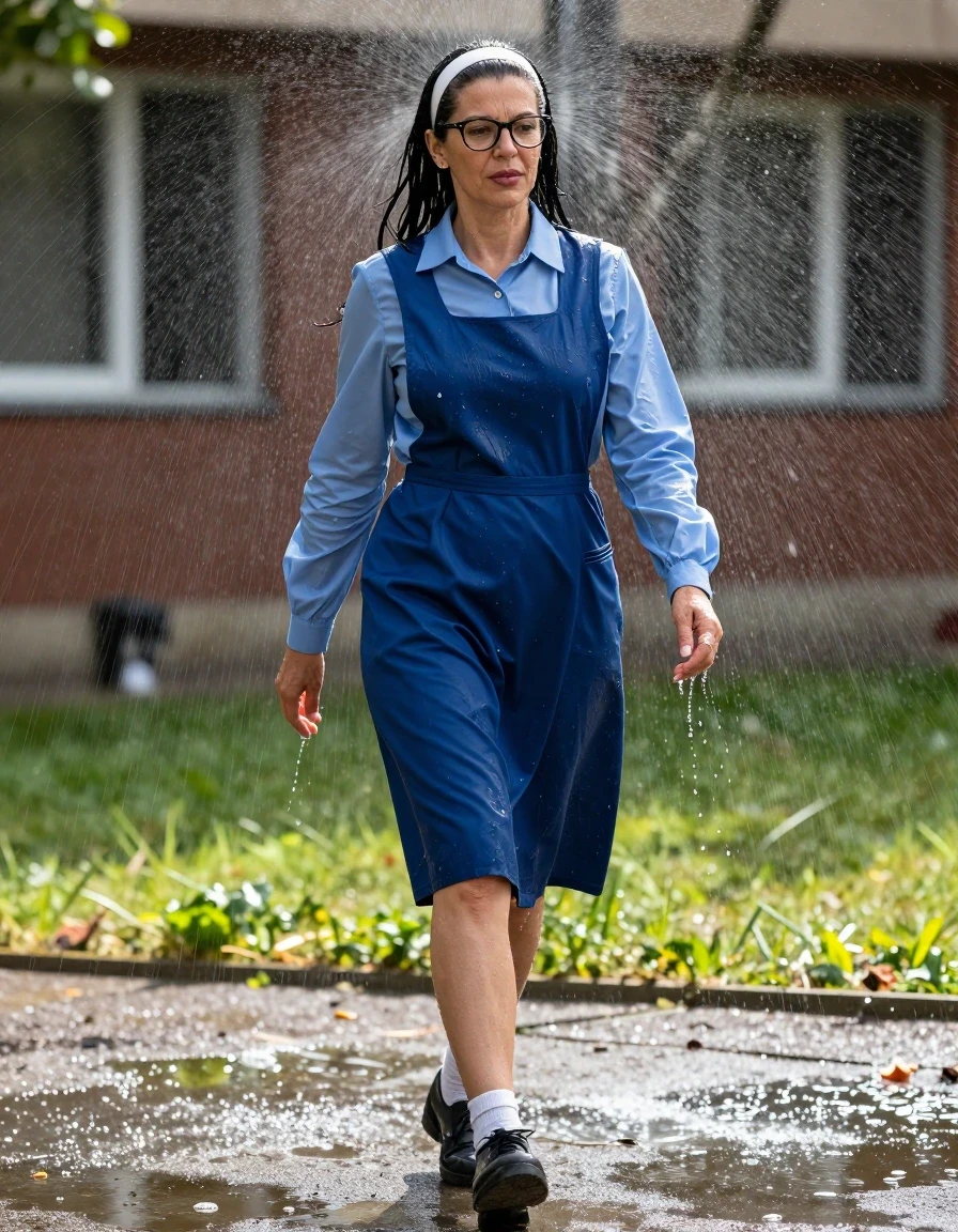 photo of young woman, in soaking wet, drenched clothes,
black shoes, white socks, blue school long pinafore over a blue long-sleeved shirt, blue school long pinafore over a blue long-sleeved shirt, walking under sprinklers under sunny school garden, enjoying wet clothes stuck body, enjoying, wet clothes stuck to body, 
enjoying, wet clothes stuck to body,
detailed textures of the wet clothes, wet face, wet plastered hair,
wet, drenched, professional, high-quality details, full body view.
sharp focus, ultra-high pixel detail, realistic, high-quality, full colors, incredibly detailed, 4k, 8k, 16k, hyper-realistic, RAW photo, masterpiece, ultra-detailed, professionally color graded, professional photograph, europen brunette skinny woman 50 years old, long dark black hair, very big and thick lips,  office glasses, white headband, complete body, wet skin, wet clothes, damp fabric, wet skin, wet clothes, damp fabric, wet skin, wet clothes, damp fabric, wet skin, wet clothes, damp fabric, wet skin, wet clothes, damp fabric, wet skin, wet clothes, damp fabric, wet skin, wet clothes, damp fabric