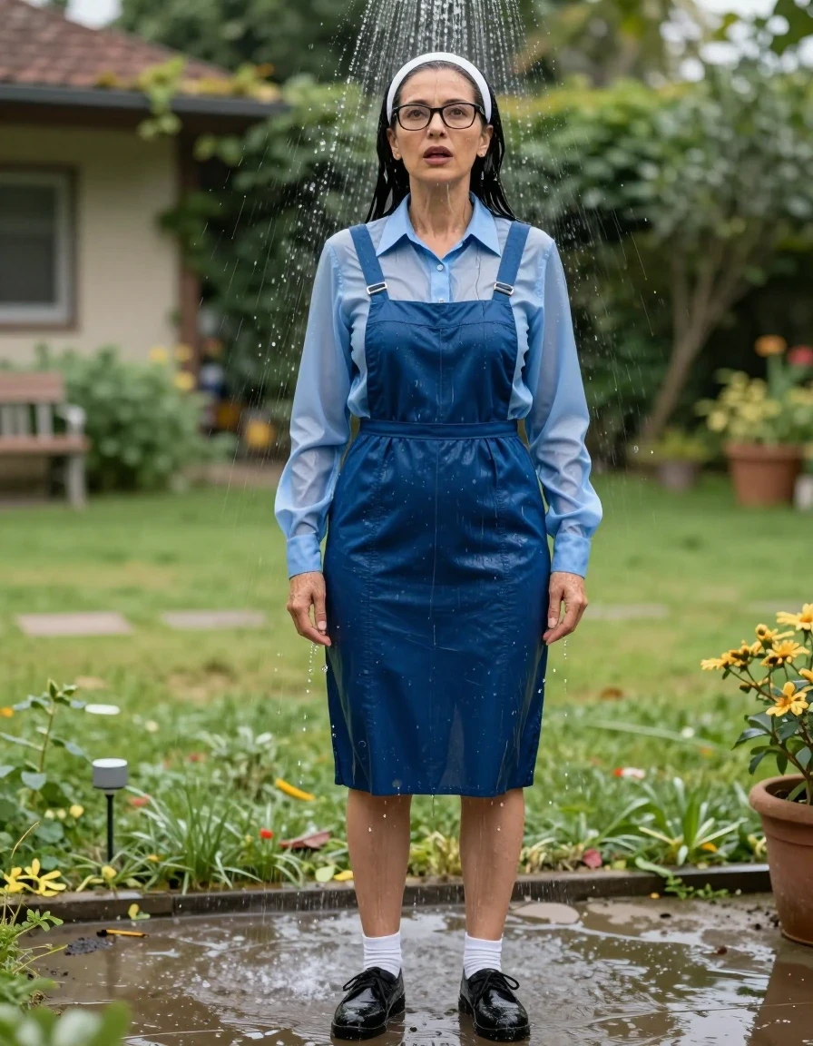 photo of young woman, in soaking wet, drenched clothes,
black shoes, white socks, blue school long pinafore over a blue long-sleeved shirt, blue school long pinafore over a blue long-sleeved shirt, shower in sunny school garden, enjoying wet clothes stuck body, enjoying, wet clothes stuck to body, 
enjoying, wet clothes stuck to body,
detailed textures of the wet clothes, wet face, wet plastered hair,
wet, drenched, professional, high-quality details, full body view.
sharp focus, ultra-high pixel detail, realistic, high-quality, full colors, incredibly detailed, 4k, 8k, 16k, hyper-realistic, RAW photo, masterpiece, ultra-detailed, professionally color graded, professional photograph, europen brunette skinny woman 50 years old, long dark black hair, very big and thick lips,  office glasses, white headband, complete body, wet skin, wet clothes, damp fabric, wet skin, wet clothes, damp fabric, wet skin, wet clothes, damp fabric, wet skin, wet clothes, damp fabric, wet skin, wet clothes, damp fabric, wet skin, wet clothes, damp fabric, wet skin, wet clothes, damp fabric