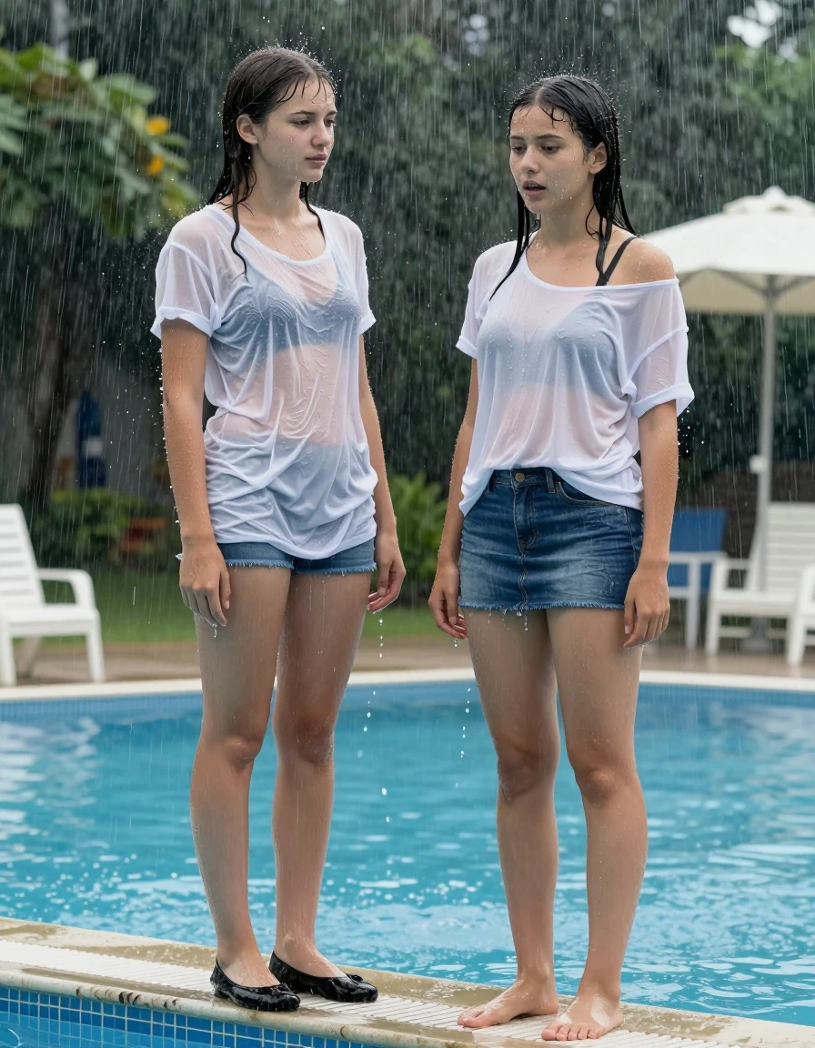 photo of young woman, in soaking wet, drenched clothes,
Black Flats, light Pantyhose, Denim mini skirt, white off-the-shoulder shirt, Standing at the edge of the pool in the pouring rain, 
enjoying, wet clothes stuck to body,
detailed textures of the wet clothes, wet face, wet plastered hair,
wet, drenched, professional, high-quality details, full body view.
sharp focus, ultra-high pixel detail, realistic, high-quality, full colors, incredibly detailed, 4k, 8k, 16k, hyper-realistic, RAW photo, masterpiece, ultra-detailed, professionally color graded, professional photograph, An 18-year-old lifeguard stands at the edge of the pool, and a girl in a T-shirt and miniskirt stands in front of her. Both of them are completely soaked from head to toe; water is streaming down them., wet skin, wet clothes, damp fabric