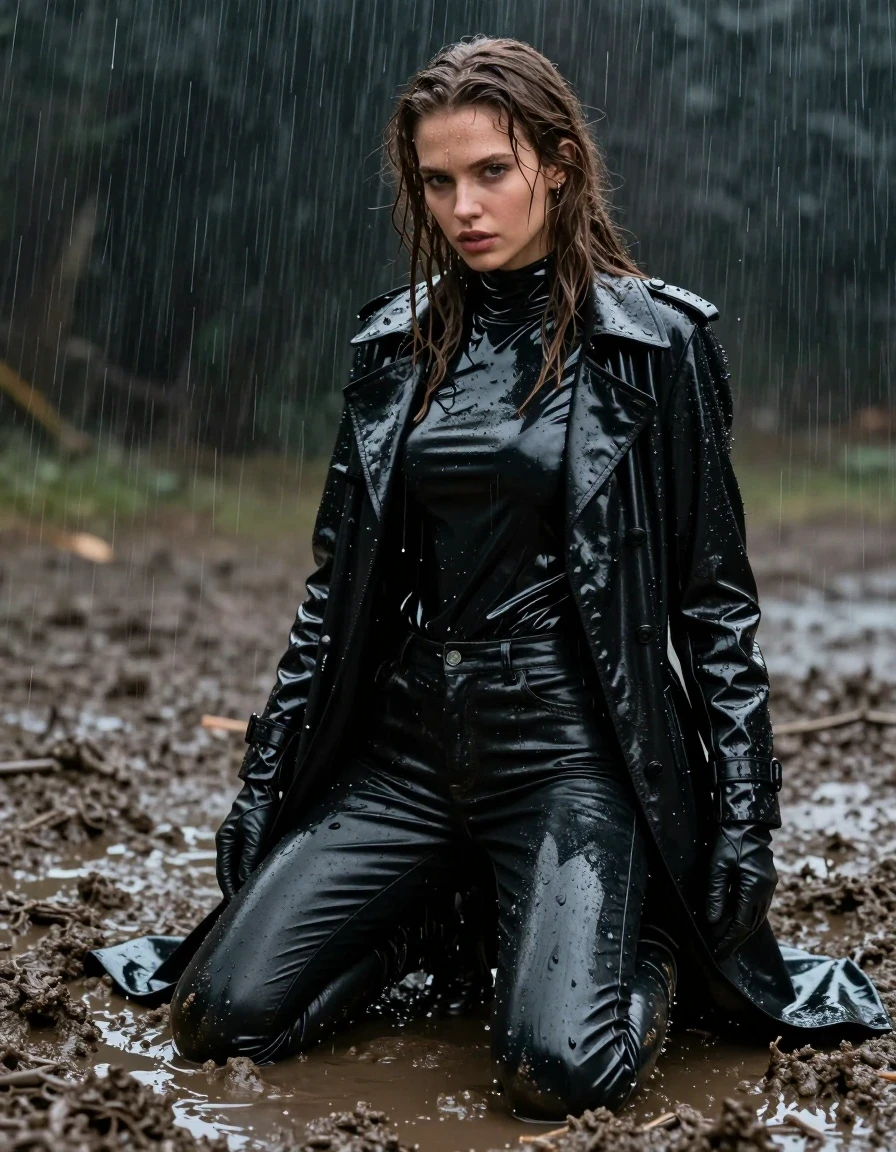A photorealistic, full-body shot of a young adult European woman with long, dripping wet brown hair, kneeling in a deep mud pit during a heavy rainstorm. She is drenched, with water cascading down her skin and saturated clothing. She is wearing tight black leather jeans that cling to her legs with a glossy, wet sheen, tucked into high-quality black leather knee-high boots. Over her torso, she wears an oversize black vinyl turtleneck shirt with a high-shine, liquid-like finish, paired with a long, heavy black vinyl trench coat that is weighed down by water and mud. Her hands are covered in sleek black leather gloves. The entire scene is dark, moody, and atmospheric, with the woman covered in splatters of thick, dark mud. The lighting is cold and cinematic, highlighting the reflective wet surfaces of the vinyl, leather, and mud. High-contrast, hyper-detailed photography, 8k resolution, sharp focus on the textures of wet fabric and glistening skin, no nudity, clean anatomy, realistic rain droplets, heavy water saturation, mud-caked textures.
