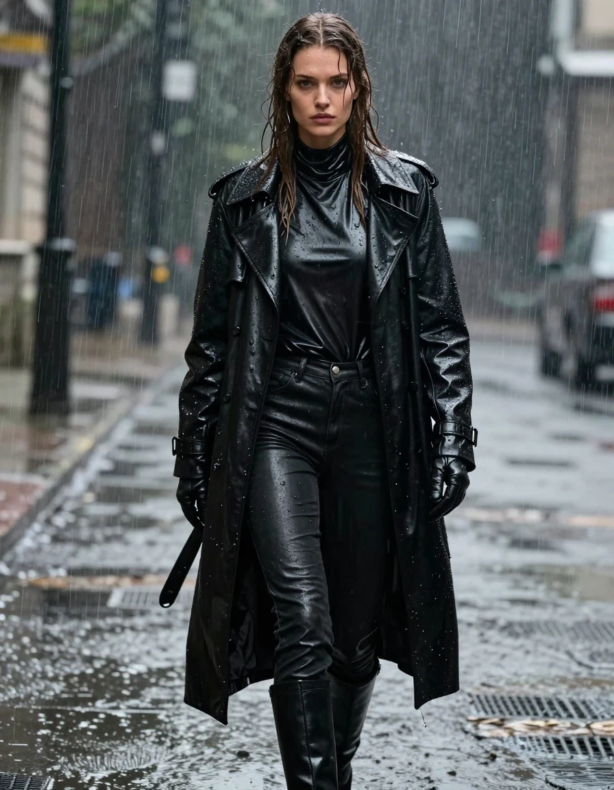 A photorealistic full-body shot of a young adult European woman with long, dripping wet brown hair, standing in heavy rain. She is wearing an oversized black leather polar neck shirt, a black leather trench coat, black leather jeans, and black leather gloves on both hands, with black leather knee-high boots. The leather is drenched, displaying a high-gloss wet sheen, water droplets, and heavy, clinging folds. Her skin is visibly wet and glistening under the rain. The entire outfit is saturated and dark with moisture, exhibiting realistic water runoff, deep texture, and specular light reflections. She is standing in a torrential downpour, captured with a sharp focus and cinematic lighting that highlights the texture of the soaked materials. The image is strictly non-nude, focusing entirely on the detailed wet clothing and environment.
