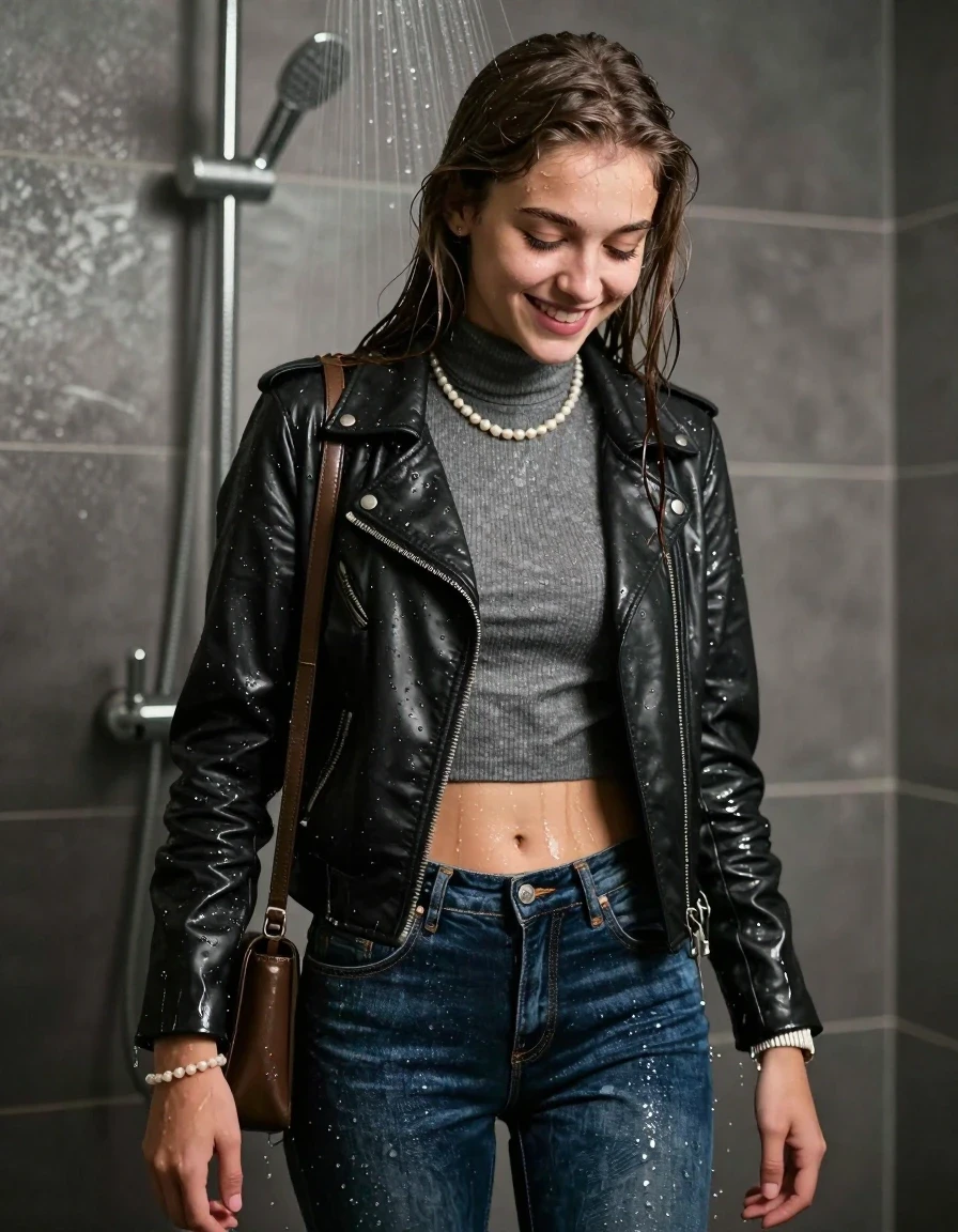 photo of young woman, in soaking wet, drenched clothes,
, tight skinny jeans, biker leatherjacket, Tight knit turtleneck sweater belly free, shoulderbag, pearl necklace, bracelet, wristwatch, under hot shower, 
enjoying, wet clothes stuck to body,
detailed textures of the wet clothes, wet face, wet plastered hair,
wet, drenched, professional, high-quality details, full body view.
sharp focus, ultra-high pixel detail, realistic, high-quality, full colors, incredibly detailed, 4k, 8k, 16k, hyper-realistic, RAW photo, masterpiece, ultra-detailed, professionally color graded, professional photograph, sleek long straight hair

15 years old  teenage girl, shy and awkward, but she giggles anyway.


The girls wear different clothes.

her submerged clothes are hardly vusible under water, she soaked her handbag into the water

her clothing is soaking wet and clinging tightly to her skin, showing heavy wet folds, darkened fabric texture, and deep water-saturated Patches, her clothes are heavy from the water, water runs from her body and her clothes in streams. A lot of water also runs out of her clothes. Her clothes are darkened by the water. Her submerged clothes are good visible under the water.  she soaked her handbag into the water.

close up view, wet skin, wet clothes, wet hair, damp fabric, water runs down the clothes, wet skin, wet clothes, damp fabric. cinematic medium shot, hyper-realistic wetness, high-contrast water sheen, sharp focus, 16k resolution, professional photography, realistic water physics., wet skin, wet clothes, damp fabric, wet skin, wet clothes, damp fabric, wet skin, wet clothes, damp fabric