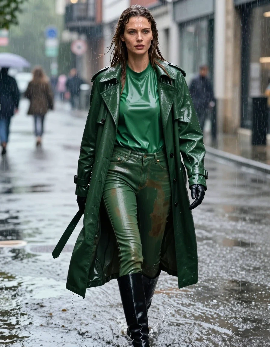 A photorealistic full-body shot of a young adult European woman with long, dripping wet brown hair, captured in a state of being drenched during heavy rain. She is wearing an oversize green vinyl polar neck shirt that clings to her frame with a high-gloss, slick wet sheen, layered under a long, heavy green leather trench coat that is saturated and darkened by the downpour. Her legs are clad in green leather jeans, showing realistic water-darkened patches, heavy folds, and a glossy, reflective surface texture. She wears black leather knee-high boots and matching leather gloves on both hands. Her skin is glistening with rain, with water droplets streaming down her face and neck. The fabric of her garments appears heavy and clingy from the rain, with deep color saturation and intense specular reflections on the wet surfaces. She is walking through a storm-swept street, with water splashing around her feet, captured in sharp focus with cinematic lighting that highlights the textures of the wet leather and vinyl. High-quality photography, realistic anatomy, fully clothed, modest attire.