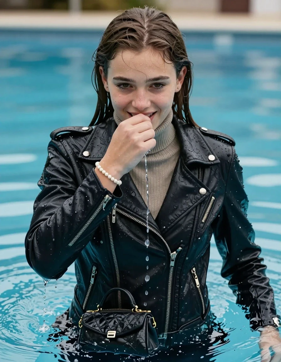 photo of young woman, in soaking wet, drenched clothes,
, , biker leatherjacket, Tight knit turtleneck sweater belly free, handbag, pearl necklace, bracelet, wristwatch, diving into pool, 
enjoying, wet clothes stuck to body,
detailed textures of the wet clothes, wet face, wet plastered hair,
wet, drenched, professional, high-quality details, full body view.
sharp focus, ultra-high pixel detail, realistic, high-quality, full colors, incredibly detailed, 4k, 8k, 16k, hyper-realistic, RAW photo, masterpiece, ultra-detailed, professionally color graded, professional photograph, sleek long straight hair

15 years old  teenage girl, shy and awkward, but she giggles anyway.
hold her hand on her mouth.

The girls wear different clothes.

her submerged clothes are hardly vusible under water, she soaked her handbag into the water

her clothing is soaking wet and clinging tightly to her skin, showing heavy wet folds, darkened fabric texture, and deep water-saturated Patches, her clothes are heavy from the water, water runs from her body and her clothes in streams. A lot of water also runs out of her clothes. Her clothes are darkened by the water. Her submerged clothes are good visible under the water.  she soaked her handbag into the water.

close up view, wet skin, wet clothes, wet hair, damp fabric, water runs down the clothes, wet skin, wet clothes, damp fabric. cinematic medium shot, hyper-realistic wetness, high-contrast water sheen, sharp focus, 16k resolution, professional photography, realistic water physics., wet skin, wet clothes, damp fabric, wet skin, wet clothes, damp fabric, wet skin, wet clothes, damp fabric