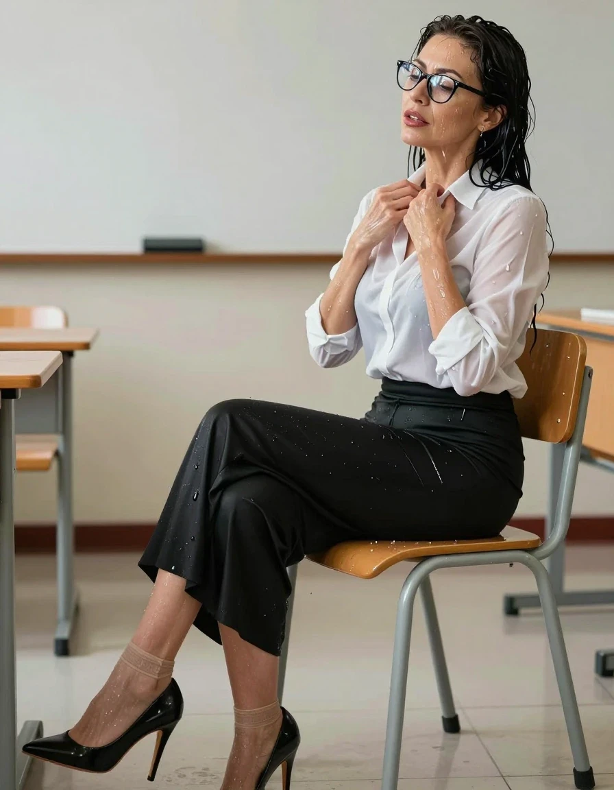 photo of young woman, in soaking wet, drenched clothes,
black high-heels shoes, nylon socks, maxi black tight skirt, white shirt with long sleeves, on the chair after shower in classroom, enjoying wet clothes stuck body, enjoying, wet clothes stuck to body, 
enjoying, wet clothes stuck to body,
detailed textures of the wet clothes, wet face, wet plastered hair,
wet, drenched, professional, high-quality details, full body view.
sharp focus, ultra-high pixel detail, realistic, high-quality, full colors, incredibly detailed, 4k, 8k, 16k, hyper-realistic, RAW photo, masterpiece, ultra-detailed, professionally color graded, professional photograph, europen brunette skinny woman 50 years old, long dark black hair, very big and thick lips,  office glasses, complete body, wet skin, wet clothes, damp fabric, wet skin, wet clothes, damp fabric, wet skin, wet clothes, damp fabric, wet skin, wet clothes, damp fabric, wet skin, wet clothes, damp fabric, wet skin, wet clothes, damp fabric, wet skin, wet clothes, damp fabric