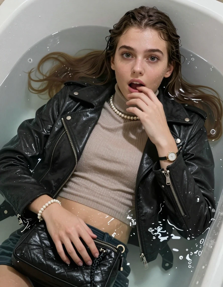 photo of young woman, in soaking wet, drenched clothes,
, , Biker leatherjacket, Tight knit turtleneck sweater belly free, handbag, pearl necklace, bracelet, wristwatch, lying down in a deep bath with soapy water covering breasts, 
enjoying, wet clothes stuck to body,
detailed textures of the wet clothes, wet face, wet plastered hair,
wet, drenched, professional, high-quality details, full body view.
sharp focus, ultra-high pixel detail, realistic, high-quality, full colors, incredibly detailed, 4k, 8k, 16k, hyper-realistic, RAW photo, masterpiece, ultra-detailed, professionally color graded, professional photograph, sleek long straight hair

19 years old  teenage girl

Only head and shoulders are over the surface visible. Open mouth, big eyes. Looking at camera. Hold her hand in front of her mouth.

The girls wear different clothes.

she is completely underwater up to her neck, surprised and astonished expression. 

her submerged clothes are hardly vusible under water, she soaked her handbag into the water

her clothing is soaking wet and clinging tightly to her skin, showing heavy wet folds, darkened fabric texture, and deep water-saturated Patches, her clothes are heavy from the water, water runs from her body and her clothes in streams. A lot of water also runs out of her clothes. Her clothes are darkened by the water. Her submerged clothes are good visible under the water.  she soaked her handbag into the water.

close up view, wet skin, wet clothes, wet hair, damp fabric, water runs down the clothes, wet skin, wet clothes, damp fabric. cinematic medium shot, hyper-realistic wetness, high-contrast water sheen, sharp focus, 16k resolution, professional photography, realistic water physics., wet skin, wet clothes, damp fabric, wet skin, wet clothes, damp fabric