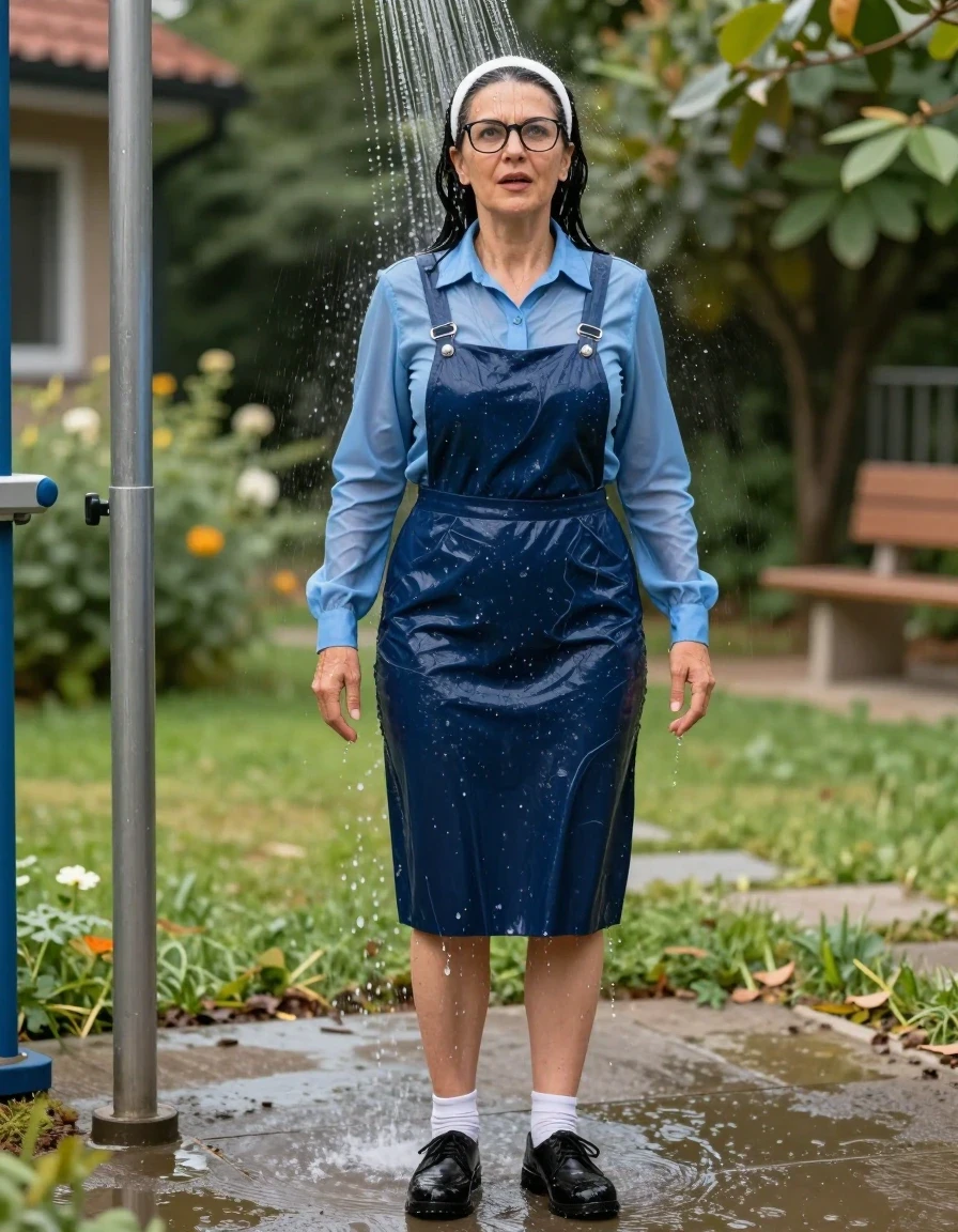 photo of young woman, in soaking wet, drenched clothes,
black shoes, white socks, blue school long pinafore over a blue long-sleeved shirt, blue school long pinafore over a blue long-sleeved shirt, shower in sunny school garden, enjoying wet clothes stuck body, enjoying, wet clothes stuck to body, 
enjoying, wet clothes stuck to body,
detailed textures of the wet clothes, wet face, wet plastered hair,
wet, drenched, professional, high-quality details, full body view.
sharp focus, ultra-high pixel detail, realistic, high-quality, full colors, incredibly detailed, 4k, 8k, 16k, hyper-realistic, RAW photo, masterpiece, ultra-detailed, professionally color graded, professional photograph, europen brunette skinny woman 50 years old, long dark black hair, very big and thick lips,  office glasses, white headband, complete body, wet skin, wet clothes, damp fabric, wet skin, wet clothes, damp fabric, wet skin, wet clothes, damp fabric, wet skin, wet clothes, damp fabric, wet skin, wet clothes, damp fabric, wet skin, wet clothes, damp fabric, wet skin, wet clothes, damp fabric