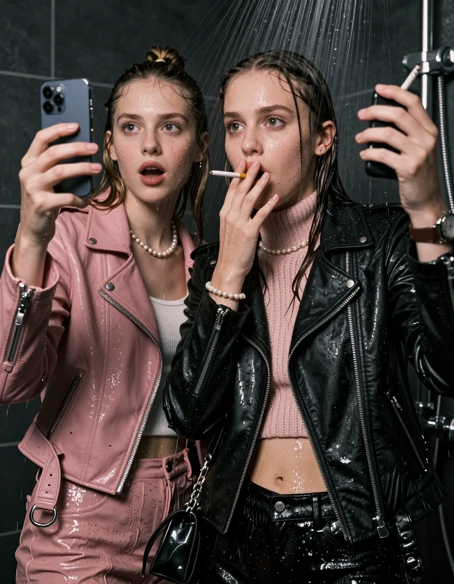 photo of young woman, in soaking wet, drenched clothes,
, , Black Biker leatherjacket and light pink leatherjacket, knit turtleneck sweater belly free, handbag, pearl necklace, bracelet, wristwatch, Under the shower, strong jet of water, party room, Smoking a cigarette , 
enjoying, wet clothes stuck to body,
detailed textures of the wet clothes, wet face, wet plastered hair,
wet, drenched, professional, high-quality details, full body view.
sharp focus, ultra-high pixel detail, realistic, high-quality, full colors, incredibly detailed, 4k, 8k, 16k, hyper-realistic, RAW photo, masterpiece, ultra-detailed, professionally color graded, professional photograph, sleek long straight hair and topknot

 two 15 years old  teenage girls

Only head and shoulders are over the surface visible. Open mouth, big eyes. Looking at camera. Hold her hand in front of her mouth. one girl take a selfie with her smartphone.

The girls wear different clothes.

she is completely underwater up to her neck, afraid and astonished expression. 

her clothing is soaking wet and clinging tightly to her skin, showing heavy wet folds, darkened fabric texture, and deep water-saturated Patches, her clothes are heavy from the water, water runs from her body and her clothes in streams. A lot of water also runs out of her clothes. Her clothes are darkened by the water. Her submerged clothes are good visible under the water.  she soaked her handbag into the water.

close up view, wet skin, wet clothes, wet hair, damp fabric, water runs down the clothes, wet skin, wet clothes, damp fabric. cinematic medium shot, hyper-realistic wetness, high-contrast water sheen, sharp focus, 16k resolution, professional photography, realistic water physics., wet skin, wet clothes, damp fabric, wet skin, wet clothes, damp fabric, wet skin, wet clothes, damp fabric, wet skin, wet clothes, damp fabric, wet skin, wet clothes, damp fabric, wet skin, wet clothes, damp fabric