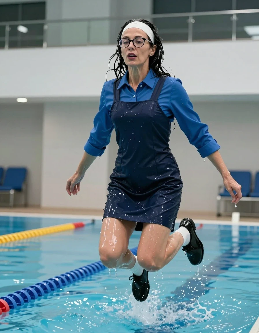 photo of young woman, in soaking wet, drenched clothes,
black shoes, white socks, DARK blue school pinafore over a blue long-sleeved shirt, DARK blue school pinafore over a blue long-sleeved shirt, jumping in indoor swimming pool, enjoying wet clothes stuck body, enjoying, wet clothes stuck to body, 
enjoying, wet clothes stuck to body,
detailed textures of the wet clothes, wet face, wet plastered hair,
wet, drenched, professional, high-quality details, full body view.
sharp focus, ultra-high pixel detail, realistic, high-quality, full colors, incredibly detailed, 4k, 8k, 16k, hyper-realistic, RAW photo, masterpiece, ultra-detailed, professionally color graded, professional photograph, europen brunette skinny woman 50 years old, long dark black hair, very big and thick lips,  office glasses, white headband, complete body, wet skin, wet clothes, damp fabric, wet skin, wet clothes, damp fabric, wet skin, wet clothes, damp fabric, wet skin, wet clothes, damp fabric, wet skin, wet clothes, damp fabric, wet skin, wet clothes, damp fabric, wet skin, wet clothes, damp fabric