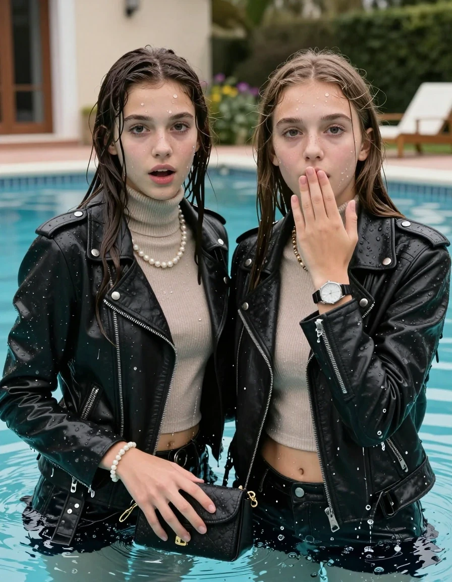 photo of young woman, in soaking wet, drenched clothes,
, , Biker leatherjacket, Tight knit turtleneck sweater belly free, handbag, pearl necklace, bracelet, wristwatch, large and deep pool in front of a villa, 
enjoying, wet clothes stuck to body,
detailed textures of the wet clothes, wet face, wet plastered hair,
wet, drenched, professional, high-quality details, full body view.
sharp focus, ultra-high pixel detail, realistic, high-quality, full colors, incredibly detailed, 4k, 8k, 16k, hyper-realistic, RAW photo, masterpiece, ultra-detailed, professionally color graded, professional photograph, sleek long straight hair

Two 15 years old  teenage girl

Only head and shoulders are over the surface visible. Open mouth, big eyes. Looking at camera. Hold her hand in front of her mouth.

The girls wear different clothes.

she is completely underwater up to her neck, surprised and astonished expression. 

her submerged clothes are hardly vusible under water, she soaked her handbag into the water

her clothing is soaking wet and clinging tightly to her skin, showing heavy wet folds, darkened fabric texture, and deep water-saturated Patches, her clothes are heavy from the water, water runs from her body and her clothes in streams. A lot of water also runs out of her clothes. Her clothes are darkened by the water. Her submerged clothes are good visible under the water.  she soaked her handbag into the water.

close up view, wet skin, wet clothes, wet hair, damp fabric, water runs down the clothes, wet skin, wet clothes, damp fabric. cinematic medium shot, hyper-realistic wetness, high-contrast water sheen, sharp focus, 8k resolution, professional photography, realistic water physics., wet skin, wet clothes, damp fabric, wet skin, wet clothes, damp fabric