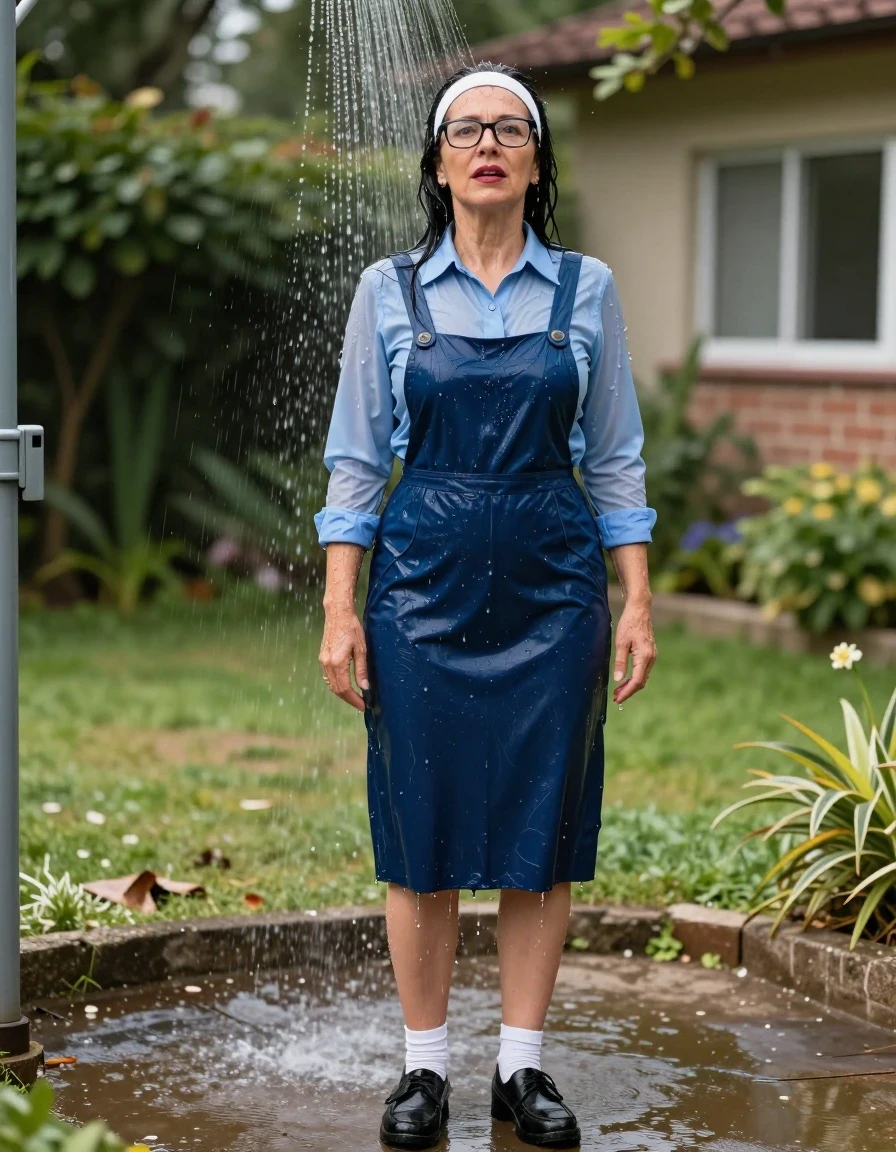 photo of young woman, in soaking wet, drenched clothes,
black shoes, white socks, blue school long pinafore over a blue long-sleeved shirt, blue school long pinafore over a blue long-sleeved shirt, shower in sunny school garden, enjoying wet clothes stuck body, enjoying, wet clothes stuck to body, 
enjoying, wet clothes stuck to body,
detailed textures of the wet clothes, wet face, wet plastered hair,
wet, drenched, professional, high-quality details, full body view.
sharp focus, ultra-high pixel detail, realistic, high-quality, full colors, incredibly detailed, 4k, 8k, 16k, hyper-realistic, RAW photo, masterpiece, ultra-detailed, professionally color graded, professional photograph, europen brunette skinny woman 50 years old, long dark black hair, very big and thick lips,  office glasses, white headband, complete body, wet skin, wet clothes, damp fabric, wet skin, wet clothes, damp fabric, wet skin, wet clothes, damp fabric, wet skin, wet clothes, damp fabric, wet skin, wet clothes, damp fabric, wet skin, wet clothes, damp fabric, wet skin, wet clothes, damp fabric