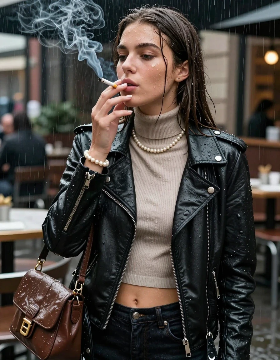 photo of young woman, in soaking wet, drenched clothes,
, , biker leatherjacket, Tight knit turtleneck sweater belly free, handbag, pearl necklace, bracelet, wristwatch, under heavy rain at outdoor restaurant, smoking a cigarette, 
enjoying, wet clothes stuck to body,
detailed textures of the wet clothes, wet face, wet plastered hair,
wet, drenched, professional, high-quality details, full body view.
sharp focus, ultra-high pixel detail, realistic, high-quality, full colors, incredibly detailed, 4k, 8k, 16k, hyper-realistic, RAW photo, masterpiece, ultra-detailed, professionally color graded, professional photograph, sleek long straight hair

15 years old  teenage girl

The girls wear different clothes.

her submerged clothes are hardly vusible under water, she soaked her handbag into the water

her clothing is soaking wet and clinging tightly to her skin, showing heavy wet folds, darkened fabric texture, and deep water-saturated Patches, her clothes are heavy from the water, water runs from her body and her clothes in streams. A lot of water also runs out of her clothes. Her clothes are darkened by the water. Her submerged clothes are good visible under the water.  she soaked her handbag into the water.

close up view, wet skin, wet clothes, wet hair, damp fabric, water runs down the clothes, wet skin, wet clothes, damp fabric. cinematic medium shot, hyper-realistic wetness, high-contrast water sheen, sharp focus, 16k resolution, professional photography, realistic water physics., wet skin, wet clothes, damp fabric, wet skin, wet clothes, damp fabric, wet skin, wet clothes, damp fabric, wet skin, wet clothes, damp fabric