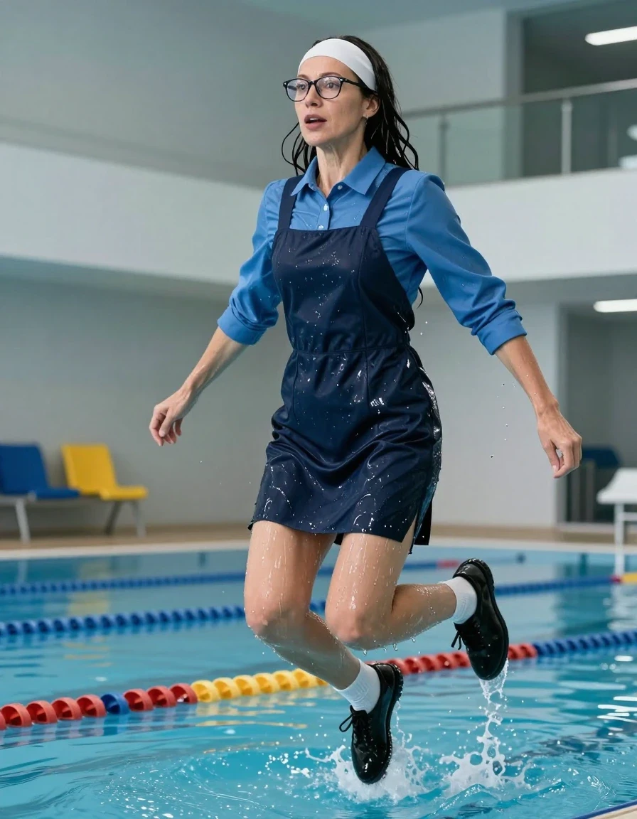 photo of young woman, in soaking wet, drenched clothes,
black shoes, white socks, DARK blue school pinafore over a blue long-sleeved shirt, DARK blue school pinafore over a blue long-sleeved shirt, jumping in indoor swimming pool, enjoying wet clothes stuck body, enjoying, wet clothes stuck to body, 
enjoying, wet clothes stuck to body,
detailed textures of the wet clothes, wet face, wet plastered hair,
wet, drenched, professional, high-quality details, full body view.
sharp focus, ultra-high pixel detail, realistic, high-quality, full colors, incredibly detailed, 4k, 8k, 16k, hyper-realistic, RAW photo, masterpiece, ultra-detailed, professionally color graded, professional photograph, europen brunette skinny woman 50 years old, long dark black hair, very big and thick lips,  office glasses, white headband, complete body, wet skin, wet clothes, damp fabric, wet skin, wet clothes, damp fabric, wet skin, wet clothes, damp fabric, wet skin, wet clothes, damp fabric, wet skin, wet clothes, damp fabric, wet skin, wet clothes, damp fabric, wet skin, wet clothes, damp fabric