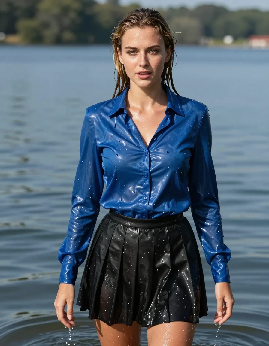 photo of young woman, in soaking wet, drenched clothes,
Black school skirt, Satin blue long sleeve blouse, very shiny, no bra, lake, 
enjoying, wet clothes stuck to body,
detailed textures of the wet clothes, wet face, wet plastered hair,
wet, drenched, professional, high-quality details, full body view.
sharp focus, ultra-high pixel detail, realistic, high-quality, full colors, incredibly detailed, 4k, 8k, 16k, hyper-realistic, RAW photo, masterpiece, ultra-detailed, professionally color graded, professional photograph, wet skin, wet clothes, damp fabric