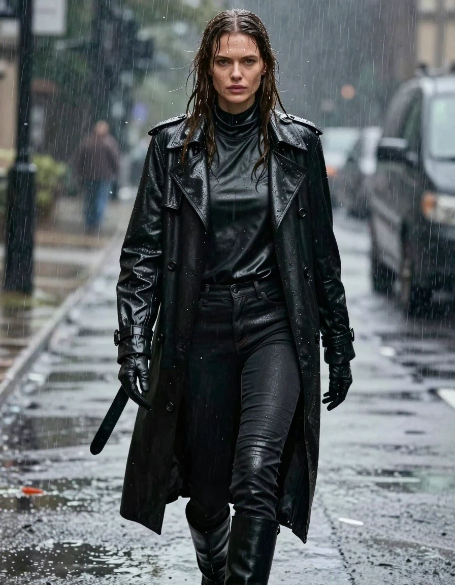 A photorealistic full-body shot of a young adult European woman with long, dripping wet brown hair, walking through heavy rain. She is wearing an oversize black leather polar neck shirt, a heavy black leather trench coat, black leather jeans, and black leather knee-high boots, with leather gloves on both hands. The woman's skin is drenched with a realistic water sheen, and her leather clothing is completely soaked, showing deep, dark tones, heavy wet folds, and strong glossy specular reflections on the surface. The fabric of the leather garments clings to her frame, appearing heavy and saturated from the downpour. She is walking confidently through the rain, with water droplets streaming down her face and hair. The lighting is moody and atmospheric, highlighting the glistening wet textures of the leather and skin. High-resolution photography, cinematic composition, sharp focus on texture and water movement. No nudity, no skin exposure beyond face and hands, fully clothed professional attire.