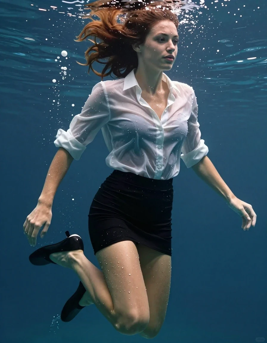 photo of young woman, in soaking wet, drenched clothes,
heels, black short pencilskirt, white blouse, underwater, 
enjoying, wet clothes stuck to body,
detailed textures of the wet clothes, wet face, wet plastered hair,
wet, drenched, professional, high-quality details, full body view.
sharp focus, ultra-high pixel detail, realistic, high-quality, full colors, incredibly detailed, 4k, 8k, 16k, hyper-realistic, RAW photo, masterpiece, ultra-detailed, professionally color graded, professional photograph, young woman swimming underwater, wet skin, wet clothes, damp fabric