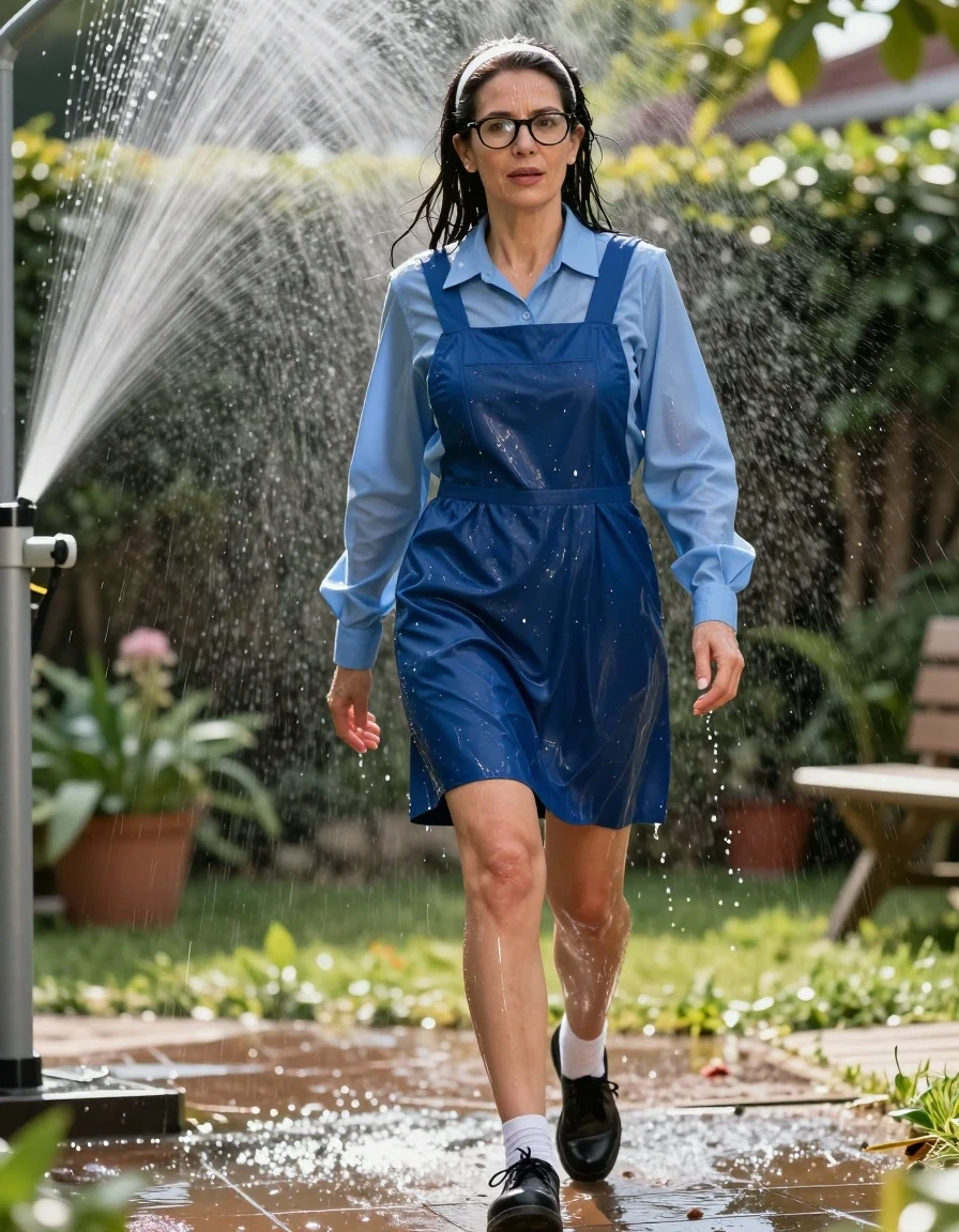 photo of young woman, in soaking wet, drenched clothes,
black shoes, white socks, blue school pinafore over a blue long-sleeved shirt, blue school pinafore over a blue long-sleeved shirt, walking after bath in sunny garden under sprinklers, enjoying wet clothes stuck body, enjoying, wet clothes stuck to body, 
enjoying, wet clothes stuck to body,
detailed textures of the wet clothes, wet face, wet plastered hair,
wet, drenched, professional, high-quality details, full body view.
sharp focus, ultra-high pixel detail, realistic, high-quality, full colors, incredibly detailed, 4k, 8k, 16k, hyper-realistic, RAW photo, masterpiece, ultra-detailed, professionally color graded, professional photograph, europen brunette skinny woman 50 years old, long dark black hair, very big and thick lips,  office glasses, white headband, complete body, wet skin, wet clothes, damp fabric, wet skin, wet clothes, damp fabric, wet skin, wet clothes, damp fabric, wet skin, wet clothes, damp fabric, wet skin, wet clothes, damp fabric, wet skin, wet clothes, damp fabric, wet skin, wet clothes, damp fabric