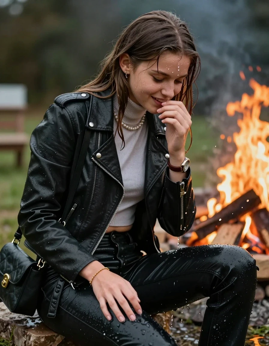 photo of young woman, in soaking wet, drenched clothes,
, , biker leatherjacket, Tight knit turtleneck sweater belly free, shoulderbag, pearl necklace, bracelet, wristwatch, sitting beside a bonfire, 
enjoying, wet clothes stuck to body,
detailed textures of the wet clothes, wet face, wet plastered hair,
wet, drenched, professional, high-quality details, full body view.
sharp focus, ultra-high pixel detail, realistic, high-quality, full colors, incredibly detailed, 4k, 8k, 16k, hyper-realistic, RAW photo, masterpiece, ultra-detailed, professionally color graded, professional photograph, sleek long straight hair

15 years old  teenage girl, shy and awkward, but she giggles anyway.


The girls wear different clothes.

her submerged clothes are hardly vusible under water, she soaked her handbag into the water

her clothing is soaking wet and clinging tightly to her skin, showing heavy wet folds, darkened fabric texture, and deep water-saturated Patches, her clothes are heavy from the water, water runs from her body and her clothes in streams. A lot of water also runs out of her clothes. Her clothes are darkened by the water. Her submerged clothes are good visible under the water.  she soaked her handbag into the water.

close up view, wet skin, wet clothes, wet hair, damp fabric, water runs down the clothes, wet skin, wet clothes, damp fabric. cinematic medium shot, hyper-realistic wetness, high-contrast water sheen, sharp focus, 16k resolution, professional photography, realistic water physics., wet skin, wet clothes, damp fabric, wet skin, wet clothes, damp fabric, wet skin, wet clothes, damp fabric