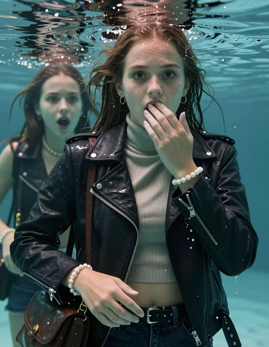 photo of young woman, in soaking wet, drenched clothes,
, , Biker leatherjacket, Tight knit turtleneck sweater belly free, handbag, pearl necklace, bracelet, wristwatch, complete submerged in classroom, 
enjoying, wet clothes stuck to body,
detailed textures of the wet clothes, wet face, wet plastered hair,
wet, drenched, professional, high-quality details, full body view.
sharp focus, ultra-high pixel detail, realistic, high-quality, full colors, incredibly detailed, 4k, 8k, 16k, hyper-realistic, RAW photo, masterpiece, ultra-detailed, professionally color graded, professional photograph, sleek long straight hair

Two 15 years old  teenage girl

Only head and shoulders are over the surface visible. Open mouth, big eyes. Looking at camera. Hold her hand in front of her mouth.

The girls wear different clothes.

she is completely underwater up to her neck, surprised and astonished expression. 

her submerged clothes are hardly vusible under water, she soaked her handbag into the water

her clothing is soaking wet and clinging tightly to her skin, showing heavy wet folds, darkened fabric texture, and deep water-saturated Patches, her clothes are heavy from the water, water runs from her body and her clothes in streams. A lot of water also runs out of her clothes. Her clothes are darkened by the water. Her submerged clothes are good visible under the water.  she soaked her handbag into the water.

close up view, wet skin, wet clothes, wet hair, damp fabric, water runs down the clothes, wet skin, wet clothes, damp fabric. cinematic medium shot, hyper-realistic wetness, high-contrast water sheen, sharp focus, 8k resolution, professional photography, realistic water physics., wet skin, wet clothes, damp fabric, wet skin, wet clothes, damp fabric