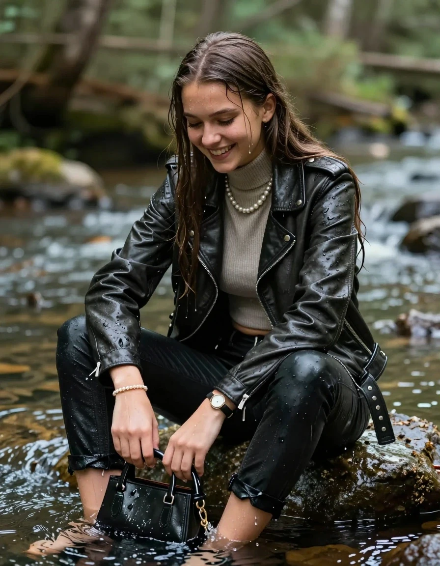 photo of young woman, in soaking wet, drenched clothes,
, , biker leatherjacket, Tight knit turtleneck sweater belly free, shoulderbag, pearl necklace, bracelet, wristwatch, sitting together on a wet rock in the middle of a forest river, 
enjoying, wet clothes stuck to body,
detailed textures of the wet clothes, wet face, wet plastered hair,
wet, drenched, professional, high-quality details, full body view.
sharp focus, ultra-high pixel detail, realistic, high-quality, full colors, incredibly detailed, 4k, 8k, 16k, hyper-realistic, RAW photo, masterpiece, ultra-detailed, professionally color graded, professional photograph, sleek long straight hair

15 years old  teenage girl, shy and awkward, but she giggles anyway.


The girls wear different clothes.

her submerged clothes are hardly vusible under water, she soaked her handbag into the water

her clothing is soaking wet and clinging tightly to her skin, showing heavy wet folds, darkened fabric texture, and deep water-saturated Patches, her clothes are heavy from the water, water runs from her body and her clothes in streams. A lot of water also runs out of her clothes. Her clothes are darkened by the water. Her submerged clothes are good visible under the water.  she soaked her handbag into the water.

close up view, wet skin, wet clothes, wet hair, damp fabric, water runs down the clothes, wet skin, wet clothes, damp fabric. cinematic medium shot, hyper-realistic wetness, high-contrast water sheen, sharp focus, 16k resolution, professional photography, realistic water physics., wet skin, wet clothes, damp fabric, wet skin, wet clothes, damp fabric, wet skin, wet clothes, damp fabric