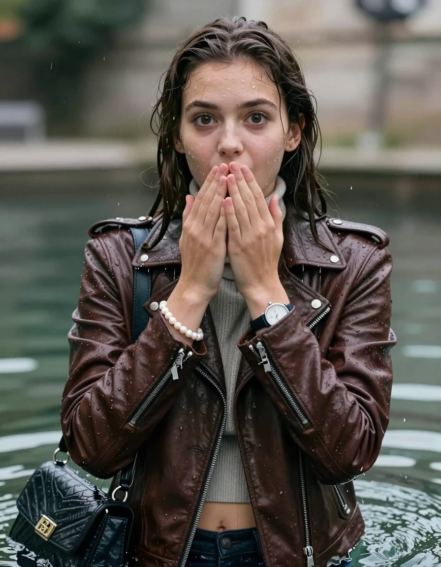 photo of young woman, in soaking wet, drenched clothes,
, , Biker leatherjacket, Tight knit turtleneck sweater belly free, handbag, pearl necklace, bracelet, wristwatch, drenched, 
enjoying, wet clothes stuck to body,
detailed textures of the wet clothes, wet face, wet plastered hair,
wet, drenched, professional, high-quality details, full body view.
sharp focus, ultra-high pixel detail, realistic, high-quality, full colors, incredibly detailed, 4k, 8k, 16k, hyper-realistic, RAW photo, masterpiece, ultra-detailed, professionally color graded, professional photograph, sleek long straight hair

19 years old  teenage girl

Only head and shoulders are over the surface visible. Open mouth, big eyes. Looking at camera. Hold her hands over her mouth.

The girls wear different clothes.

she is completely underwater up to her neck, surprised and astonished expression. 

her submerged clothes are hardly vusible under water, she soaked her handbag into the water

her clothing is soaking wet and clinging tightly to her skin, showing heavy wet folds, darkened fabric texture, and deep water-saturated Patches, her clothes are heavy from the water, water runs from her body and her clothes in streams. A lot of water also runs out of her clothes. Her clothes are darkened by the water. Her submerged clothes are good visible under the water.  she soaked her handbag into the water.

close up view, wet skin, wet clothes, wet hair, damp fabric, water runs down the clothes, wet skin, wet clothes, damp fabric. cinematic medium shot, hyper-realistic wetness, high-contrast water sheen, sharp focus, 16k resolution, professional photography, realistic water physics., wet skin, wet clothes, damp fabric, wet skin, wet clothes, damp fabric