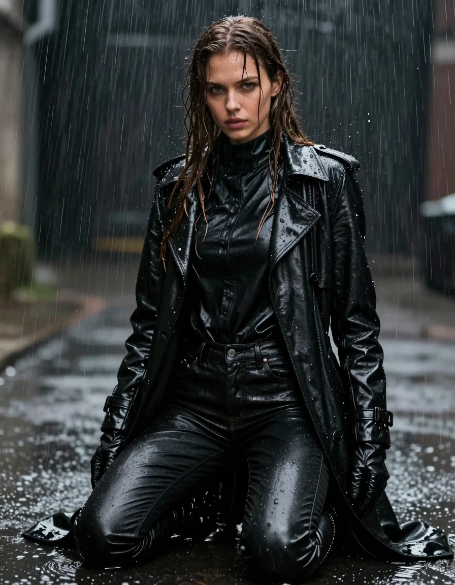A photorealistic full-body shot of a young adult European woman with long, dripping wet brown hair and glistening wet skin. She is kneeling in heavy rain, drenched, wearing an oversize black leather polar neck shirt, a long black leather trench coat, black leather jeans, and black leather knee-high boots, with leather gloves on both hands. The leather garments are heavily saturated, showing deep, dark tones, water sheen, heavy folds, and realistic clinging texture from the rain. The atmosphere is dark and cinematic, with water cascading off her clothes and hair. High-contrast lighting highlights the glossy specular reflections on the wet leather surfaces and the droplets hitting the ground. The scene is captured with a shallow depth of field, sharp focus on the subject, 8k resolution, highly detailed textures, professional photography, no nudity, fully clothed.