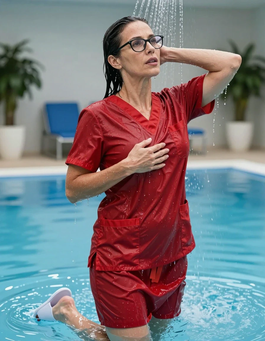 photo of young woman, in soaking wet, drenched clothes,
white slippers, red scrubs with skirt, red scrubs with skirt, taking shower after bath in indoor swimming pool, enjoying wet clothes stuck body, enjoying, wet clothes stuck to body, 
enjoying, wet clothes stuck to body,
detailed textures of the wet clothes, wet face, wet plastered hair,
wet, drenched, professional, high-quality details, full body view.
sharp focus, ultra-high pixel detail, realistic, high-quality, full colors, incredibly detailed, 4k, 8k, 16k, hyper-realistic, RAW photo, masterpiece, ultra-detailed, professionally color graded, professional photograph, europen brunette skinny woman 50 years old, long dark black hair, very big and thick lips,  office glasses, complete body, wet skin, wet clothes, damp fabric, wet skin, wet clothes, damp fabric, wet skin, wet clothes, damp fabric, wet skin, wet clothes, damp fabric, wet skin, wet clothes, damp fabric, wet skin, wet clothes, damp fabric, wet skin, wet clothes, damp fabric