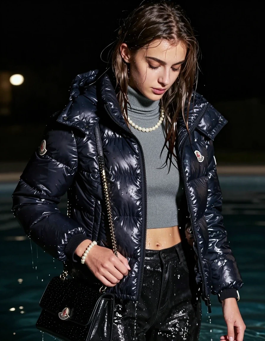 photo of young woman, in soaking wet, drenched clothes,
, , moncler shiny puffer down jacket, Tight knit turtleneck sweater belly free, handbag, pearl necklace, bracelet, wristwatch, late night dark time, 
enjoying, wet clothes stuck to body,
detailed textures of the wet clothes, wet face, wet plastered hair,
wet, drenched, professional, high-quality details, full body view.
sharp focus, ultra-high pixel detail, realistic, high-quality, full colors, incredibly detailed, 4k, 8k, 16k, hyper-realistic, RAW photo, masterpiece, ultra-detailed, professionally color graded, professional photograph, sleek long straight hair

19 years old  teenage girl

The girls wear different clothes.

her submerged clothes are hardly vusible under water, she soaked her handbag into the water

her clothing is soaking wet and clinging tightly to her skin, showing heavy wet folds, darkened fabric texture, and deep water-saturated Patches, her clothes are heavy from the water, water runs from her body and her clothes in streams. A lot of water also runs out of her clothes. Her clothes are darkened by the water. Her submerged clothes are good visible under the water.  she soaked her handbag into the water.

close up view, wet skin, wet clothes, wet hair, damp fabric, water runs down the clothes, wet skin, wet clothes, damp fabric. cinematic medium shot, hyper-realistic wetness, high-contrast water sheen, sharp focus, 16k resolution, professional photography, realistic water physics., wet skin, wet clothes, damp fabric, wet skin, wet clothes, damp fabric, wet skin, wet clothes, damp fabric