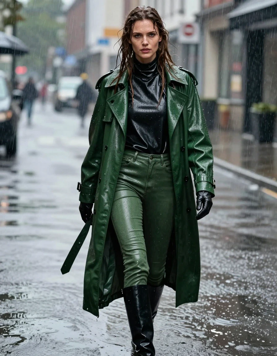 A hyper-realistic full-body portrait of a young adult European woman with long, dripping wet brown hair, walking through a heavy rainstorm. Her skin is glistening with water, and she is wearing an oversize black leather polar neck shirt, a long green leather trench coat, green leather jeans, and black leather knee-high boots, with leather gloves on both hands. All clothing is heavily drenched, showing realistic water-saturated weight, deep color darkening, clinging fabric, and glossy specular reflections on the wet leather surfaces. The scene captures the texture of damp fabric, water sheen, and heavy folds. The environment is a rain-swept city street during a downpour, with cinematic lighting reflecting off the wet pavement. High-detail photographic quality, sharp focus, 8k resolution, professional lighting, no nudity, modest and fully clothed.