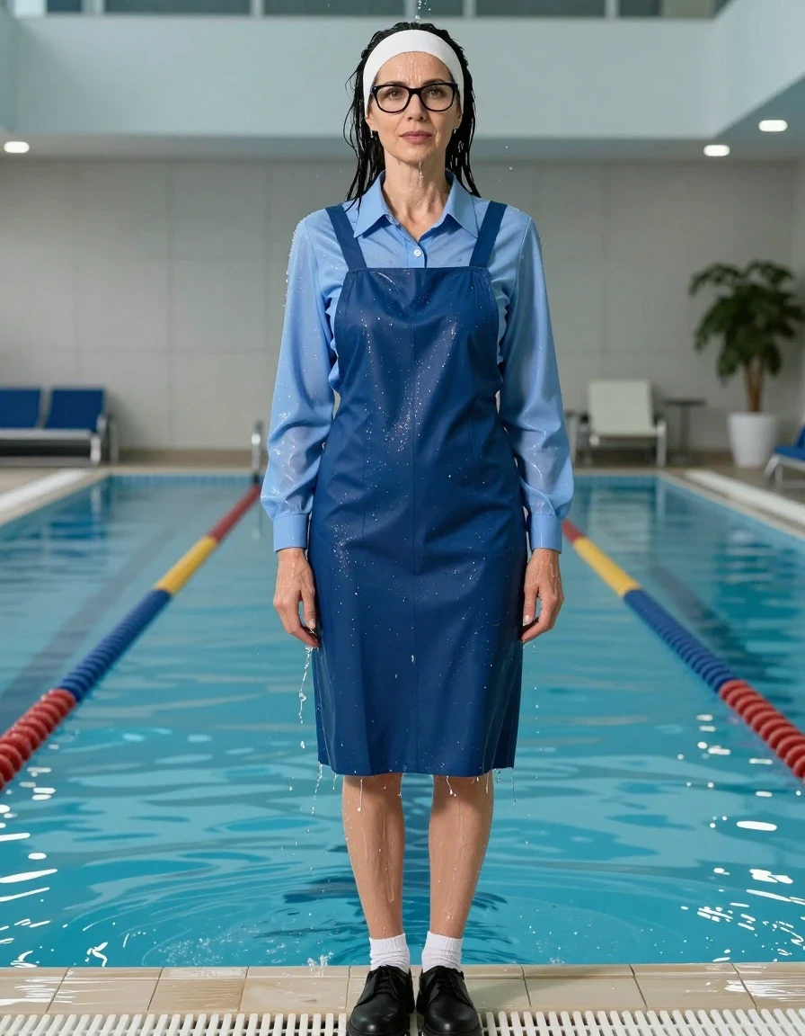 photo of young woman, in soaking wet, drenched clothes,
black shoes, white socks, blue school long pinafore over a blue long-sleeved shirt, blue school long pinafore over a blue long-sleeved shirt, shower after bath in indoor swimming pool, enjoying wet clothes stuck body, enjoying, wet clothes stuck to body, 
enjoying, wet clothes stuck to body,
detailed textures of the wet clothes, wet face, wet plastered hair,
wet, drenched, professional, high-quality details, full body view.
sharp focus, ultra-high pixel detail, realistic, high-quality, full colors, incredibly detailed, 4k, 8k, 16k, hyper-realistic, RAW photo, masterpiece, ultra-detailed, professionally color graded, professional photograph, europen brunette skinny woman 50 years old, long dark black hair, very big and thick lips,  office glasses, white headband, complete body, wet skin, wet clothes, damp fabric, wet skin, wet clothes, damp fabric, wet skin, wet clothes, damp fabric, wet skin, wet clothes, damp fabric, wet skin, wet clothes, damp fabric, wet skin, wet clothes, damp fabric, wet skin, wet clothes, damp fabric