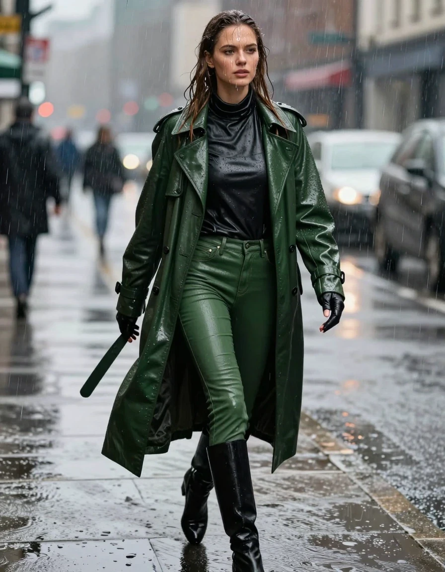 A photorealistic full-body shot of a young adult European woman with long dripping wet brown hair, walking through heavy rain. She is wearing an oversize black leather polar neck shirt, a green leather trench coat, green leather jeans, and black leather knee-high boots, with leather gloves on both hands. Her skin is glistening and soaked, with water streaming down her face and neck. The leather garments are heavily drenched, showing deep color saturation, clinging to her form, and covered in intense water sheen and specular highlights from the rain. The fabric exhibits heavy wet folds, creases, and visible texture under the downpour. She is captured in a dynamic walking pose on a wet city street, with rain droplets blurred in the air and water pooling on the ground. Cinematic lighting highlights the wet textures and reflective surfaces. High-detail photographic quality, sharp focus on the subject, no nudity, clean anatomy, fully clothed.
