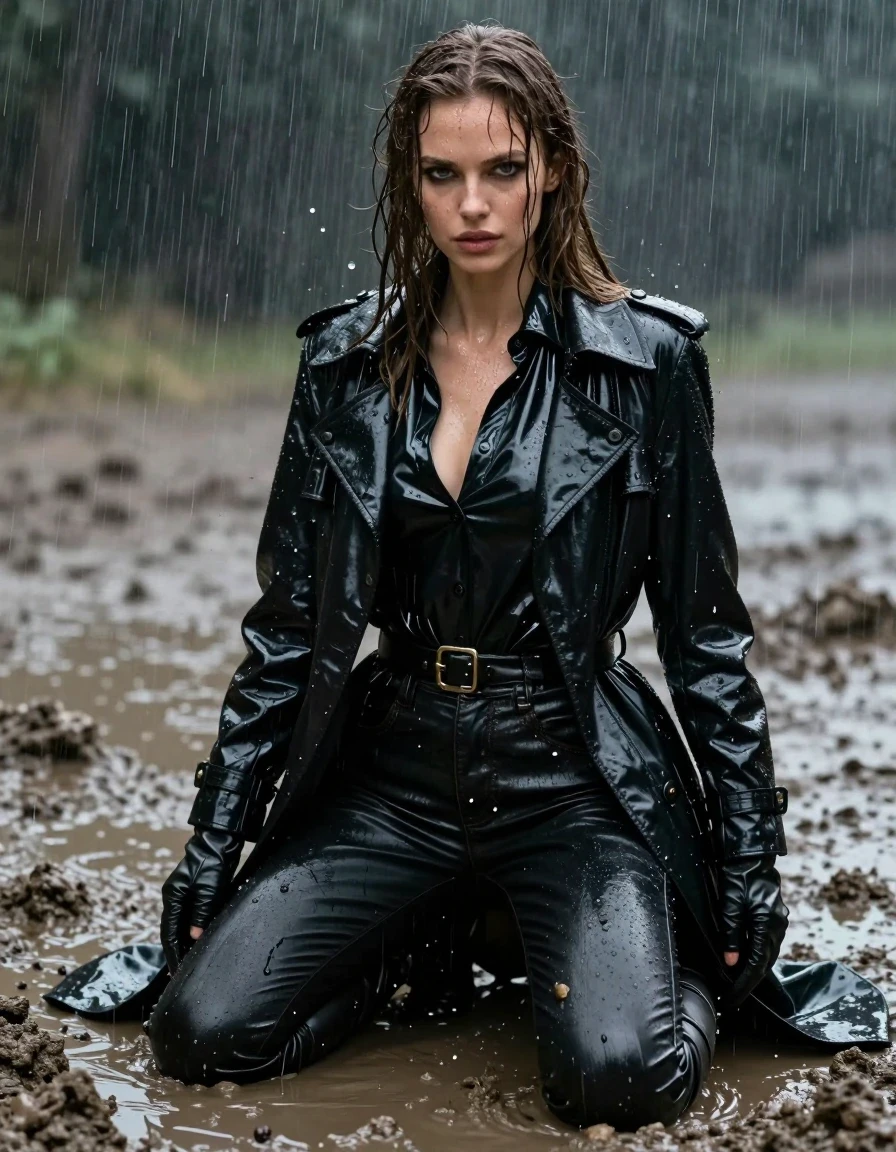 A photorealistic full-body shot of a young adult European woman with long, dripping wet brown hair, kneeling in a mud pit during a heavy rainstorm. She is drenched, her skin glistening with water, wearing an oversize black vinyl polar neck shirt, a black vinyl trench coat, black leather jeans, and black leather knee-high boots, with leather gloves on both hands. The vinyl and leather garments are heavily saturated with water, displaying deep black tones, heavy folds, clinging textures, and intense glossy specular reflections from the rain. Her skin and hair are plastered with mud and water, showing realistic wetness. The environment is a dark, moody mud pit with heavy rainfall creating ripples and splashes. High-contrast cinematic lighting, hyper-detailed textures, 8k resolution, sharp focus on water droplets and mud splatters, professional photography.