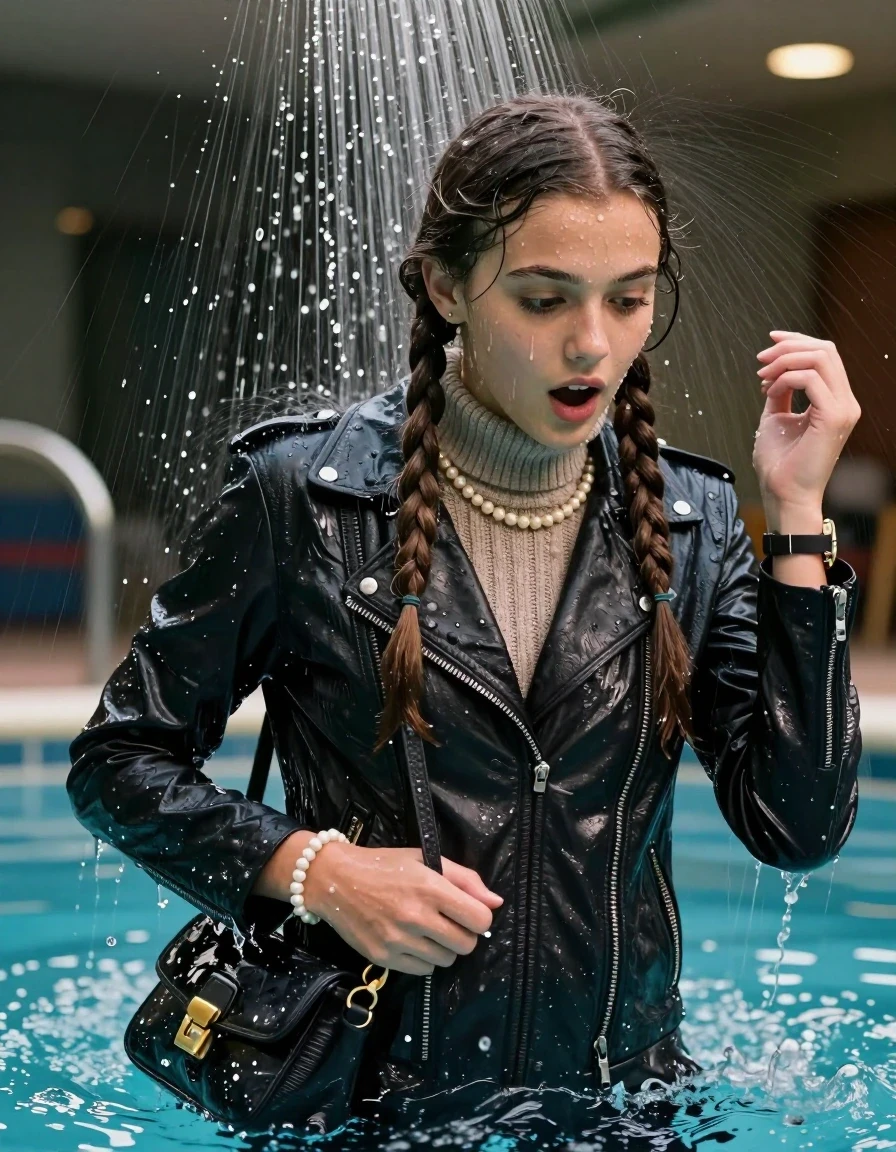 photo of young woman, in soaking wet, drenched clothes,
, , Biker leatherjacket, knit turtleneck sweater belly free, handbag, pearl necklace, bracelet, wristwatch, Under the shower, strong jet of water, party room, 
enjoying, wet clothes stuck to body,
detailed textures of the wet clothes, wet face, wet plastered hair,
wet, drenched, professional, high-quality details, full body view.
sharp focus, ultra-high pixel detail, realistic, high-quality, full colors, incredibly detailed, 4k, 8k, 16k, hyper-realistic, RAW photo, masterpiece, ultra-detailed, professionally color graded, professional photograph, Two long braids 

 15 years old  school girl

Only head and shoulders are over the surface visible. Open mouth, big eyes. Looking down

The scene is captured at the moment of impact with water droplets spraying in the air and the pool lights creating reflections on the surface. The mood is daring and energetic, with a focus on the movement of the fabric and the splash.

The girls wear different clothes.

she is completely underwater up to her neck, surprised and astonished expression. 

her clothing is soaking wet and clinging tightly to her skin, showing heavy wet folds, darkened fabric texture, and deep water-saturated Patches, her clothes are heavy from the water, water runs from her body and her clothes in streams. A lot of water also runs out of her clothes. Her clothes are darkened by the water. Her submerged clothes are good visible under the water.  she soaked her handbag into the water.

close up view, wet skin, wet clothes, wet hair, damp fabric, water runs down the clothes, wet skin, wet clothes, damp fabric. cinematic medium shot, hyper-realistic wetness, high-contrast water sheen, sharp focus, 16k resolution, professional photography, realistic water physics., wet skin, wet clothes, damp fabric, wet skin, wet clothes, damp fabric, wet skin, wet clothes, damp fabric, wet skin, wet clothes, damp fabric