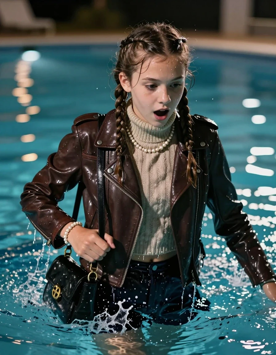photo of young woman, in soaking wet, drenched clothes,
, , Biker leatherjacket, knit turtleneck sweater belly free, handbag, pearl necklace, bracelet, wristwatch, Diving into a Swimming pool at night, 
enjoying, wet clothes stuck to body,
detailed textures of the wet clothes, wet face, wet plastered hair,
wet, drenched, professional, high-quality details, full body view.
sharp focus, ultra-high pixel detail, realistic, high-quality, full colors, incredibly detailed, 4k, 8k, 16k, hyper-realistic, RAW photo, masterpiece, ultra-detailed, professionally color graded, professional photograph, Two long braids 

 15 years old  school girl

Only head and shoulders are over the surface visible. Open mouth, big eyes. Looking down.

The scene is captured at the moment of impact with water droplets spraying in the air and the pool lights creating reflections on the surface. The mood is daring and energetic, with a focus on the movement of the fabric and the splash.

The scene is captured at the moment of impact with water droplets spraying in the air and the pool lights creating reflections on the surface. The mood is daring and energetic, with a focus on the movement of the fabric and the splash.

The girls wear different clothes.

she is completely underwater up to her neck, surprised and astonished expression. 

her clothing is soaking wet and clinging tightly to her skin, showing heavy wet folds, darkened fabric texture, and deep water-saturated Patches, her clothes are heavy from the water, water runs from her body and her clothes in streams. A lot of water also runs out of her clothes. Her clothes are darkened by the water. Her submerged clothes are good visible under the water.  she soaked her handbag into the water.

close up view, wet skin, wet clothes, wet hair, damp fabric, water runs down the clothes, wet skin, wet clothes, damp fabric. cinematic medium shot, hyper-realistic wetness, high-contrast water sheen, sharp focus, 16k resolution, professional photography, realistic water physics., wet skin, wet clothes, damp fabric, wet skin, wet clothes, damp fabric, wet skin, wet clothes, damp fabric, wet skin, wet clothes, damp fabric