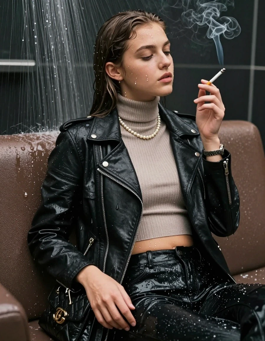 photo of young woman, in soaking wet, drenched clothes,
, , biker leatherjacket, Tight knit turtleneck sweater belly free, handbag, pearl necklace, bracelet, wristwatch, water filled wet room with a submerged brown couch under heavy sprinklers, smoking a cigarette, 
enjoying, wet clothes stuck to body,
detailed textures of the wet clothes, wet face, wet plastered hair,
wet, drenched, professional, high-quality details, full body view.
sharp focus, ultra-high pixel detail, realistic, high-quality, full colors, incredibly detailed, 4k, 8k, 16k, hyper-realistic, RAW photo, masterpiece, ultra-detailed, professionally color graded, professional photograph, sleek long straight hair

15 years old  teenage girl

The girls wear different clothes.

her submerged clothes are hardly vusible under water, she soaked her handbag into the water

her clothing is soaking wet and clinging tightly to her skin, showing heavy wet folds, darkened fabric texture, and deep water-saturated Patches, her clothes are heavy from the water, water runs from her body and her clothes in streams. A lot of water also runs out of her clothes. Her clothes are darkened by the water. Her submerged clothes are good visible under the water.  she soaked her handbag into the water.

close up view, wet skin, wet clothes, wet hair, damp fabric, water runs down the clothes, wet skin, wet clothes, damp fabric. cinematic medium shot, hyper-realistic wetness, high-contrast water sheen, sharp focus, 16k resolution, professional photography, realistic water physics., wet skin, wet clothes, damp fabric, wet skin, wet clothes, damp fabric, wet skin, wet clothes, damp fabric
