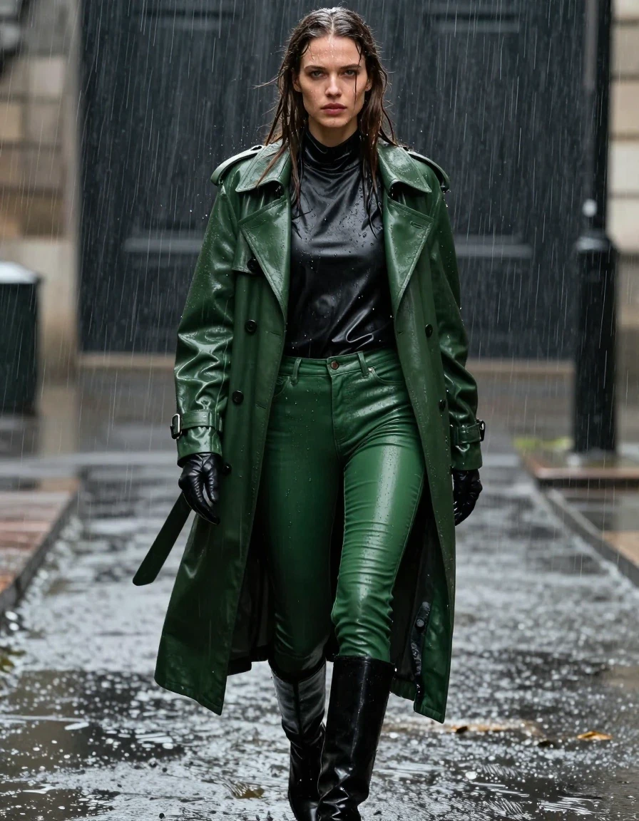A photorealistic full-body shot of a young adult European woman with long, dripping wet brown hair, walking confidently through a torrential downpour. She is wearing an oversize black leather polar neck shirt, layered under a long green leather trench coat, paired with tight green leather jeans that cling to her legs with visible moisture and glossy sheen. On her hands are black leather gloves, and she wears black leather knee-high boots. Her skin is drenched, with water droplets running down her face and neck, and her clothing is heavily saturated with water, showing deep dark tones, heavy wet folds, and clinging texture. The atmosphere is dark and rainy, with heavy rain streaks visible in the air, creating strong specular highlights and reflections on her wet skin and leather garments. The scene is captured with sharp focus, realistic textures, and cinematic lighting, ensuring no nudity and maintaining professional fashion photography standards.
