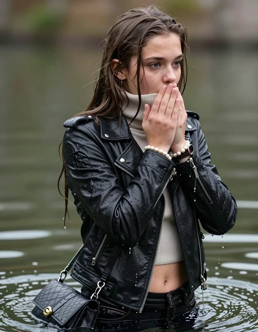 photo of young woman, in soaking wet, drenched clothes,
, , biker leatherjacket, Tight knit turtleneck sweater belly free, handbag, pearl necklace, bracelet, wristwatch, looking from back to camera, 
enjoying, wet clothes stuck to body,
detailed textures of the wet clothes, wet face, wet plastered hair,
wet, drenched, professional, high-quality details, full body view.
sharp focus, ultra-high pixel detail, realistic, high-quality, full colors, incredibly detailed, 4k, 8k, 16k, hyper-realistic, RAW photo, masterpiece, ultra-detailed, professionally color graded, professional photograph, sleek long straight hair

15 years old  teenage girl, afraid and astonished.
Hold her hand over mouth.

The girls wear different clothes.

her submerged clothes are hardly vusible under water, she soaked her handbag into the water

her clothing is soaking wet and clinging tightly to her skin, showing heavy wet folds, darkened fabric texture, and deep water-saturated Patches, her clothes are heavy from the water, water runs from her body and her clothes in streams. A lot of water also runs out of her clothes. Her clothes are darkened by the water. Her submerged clothes are good visible under the water.  she soaked her handbag into the water.

close up view, wet skin, wet clothes, wet hair, damp fabric, water runs down the clothes, wet skin, wet clothes, damp fabric. cinematic medium shot, hyper-realistic wetness, high-contrast water sheen, sharp focus, 16k resolution, professional photography, realistic water physics., wet skin, wet clothes, damp fabric, wet skin, wet clothes, damp fabric, wet skin, wet clothes, damp fabric