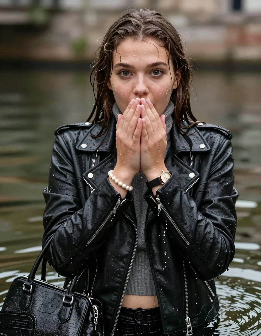 photo of young woman, in soaking wet, drenched clothes,
, , black Biker leatherjacket, Tight knit turtleneck sweater belly free, handbag, pearl necklace, bracelet, wristwatch, drenched, 
enjoying, wet clothes stuck to body,
detailed textures of the wet clothes, wet face, wet plastered hair,
wet, drenched, professional, high-quality details, full body view.
sharp focus, ultra-high pixel detail, realistic, high-quality, full colors, incredibly detailed, 4k, 8k, 16k, hyper-realistic, RAW photo, masterpiece, ultra-detailed, professionally color graded, professional photograph, sleek long straight hair

19 years old  teenage girl

Only head and shoulders are over the surface visible. Open mouth, big eyes. Looking at camera. Hold her hands over her mouth.

The girls wear different clothes.

surprised and astonished expression. 

her submerged clothes are hardly vusible under water, she soaked her handbag into the water

her clothing is soaking wet and clinging tightly to her skin, showing heavy wet folds, darkened fabric texture, and deep water-saturated Patches, her clothes are heavy from the water, water runs from her body and her clothes in streams. A lot of water also runs out of her clothes. Her clothes are darkened by the water. Her submerged clothes are good visible under the water.  she soaked her handbag into the water.

close up view, wet skin, wet clothes, wet hair, damp fabric, water runs down the clothes, wet skin, wet clothes, damp fabric. cinematic medium shot, hyper-realistic wetness, high-contrast water sheen, sharp focus, 16k resolution, professional photography, realistic water physics., wet skin, wet clothes, damp fabric, wet skin, wet clothes, damp fabric