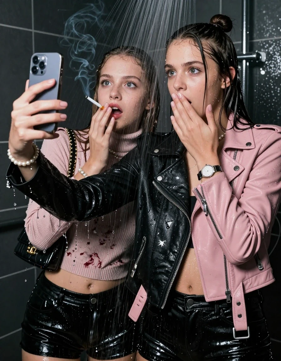 photo of young woman, in soaking wet, drenched clothes,
, , Black Biker leatherjacket and light pink leatherjacket, knit turtleneck sweater belly free, handbag, pearl necklace, bracelet, wristwatch, Under the shower, strong jet of water, party room, Smoking a cigarette , 
enjoying, wet clothes stuck to body,
detailed textures of the wet clothes, wet face, wet plastered hair,
wet, drenched, professional, high-quality details, full body view.
sharp focus, ultra-high pixel detail, realistic, high-quality, full colors, incredibly detailed, 4k, 8k, 16k, hyper-realistic, RAW photo, masterpiece, ultra-detailed, professionally color graded, professional photograph, sleek long straight hair and topknot

 two 15 years old  teenage girls

Only head and shoulders are over the surface visible. Open mouth, big eyes. Looking at camera. Hold her hand in front of her mouth. one girl take a selfie with her smartphone.

The girls wear different clothes.

she is completely underwater up to her neck, afraid and astonished expression. 

her clothing is soaking wet and clinging tightly to her skin, showing heavy wet folds, darkened fabric texture, and deep water-saturated Patches, her clothes are heavy from the water, water runs from her body and her clothes in streams. A lot of water also runs out of her clothes. Her clothes are darkened by the water. Her submerged clothes are good visible under the water.  she soaked her handbag into the water.

close up view, wet skin, wet clothes, wet hair, damp fabric, water runs down the clothes, wet skin, wet clothes, damp fabric. cinematic medium shot, hyper-realistic wetness, high-contrast water sheen, sharp focus, 16k resolution, professional photography, realistic water physics., wet skin, wet clothes, damp fabric, wet skin, wet clothes, damp fabric, wet skin, wet clothes, damp fabric, wet skin, wet clothes, damp fabric, wet skin, wet clothes, damp fabric, wet skin, wet clothes, damp fabric
