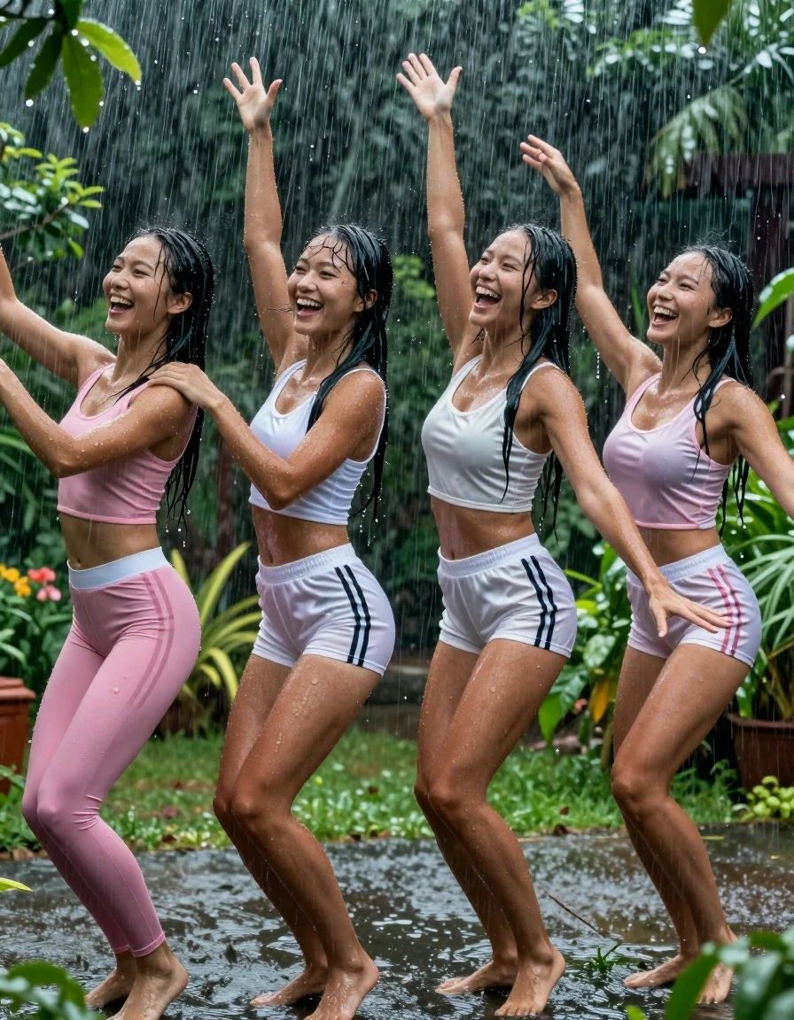 A cinematic, photorealistic scene of four beautiful young adult European women with long, tanned legs performing gymnastics in a lush garden during a heavy, torrential downpour. The women are wearing form-fitting thin pink leggings layered underneath white Adidas satin sport shorts and matching satin tops. Their bodies and hair are completely drenched, skin glistening with water, and their clothing is heavily soaked, clinging to their silhouettes with dark, saturated patches and glossy wet textures. The rain is falling hard, creating a visible sheen on their skin and fabric. They are laughing and joyful, fully embracing the downpour while stretching and moving in unison. The garden environment is lush and vibrant, with raindrops splashing on the foliage and ground. High-speed photography, sharp focus, hyper-realistic water droplets, intense specular highlights on wet surfaces, dramatic moody lighting, 8k resolution, captured on 35mm lens.